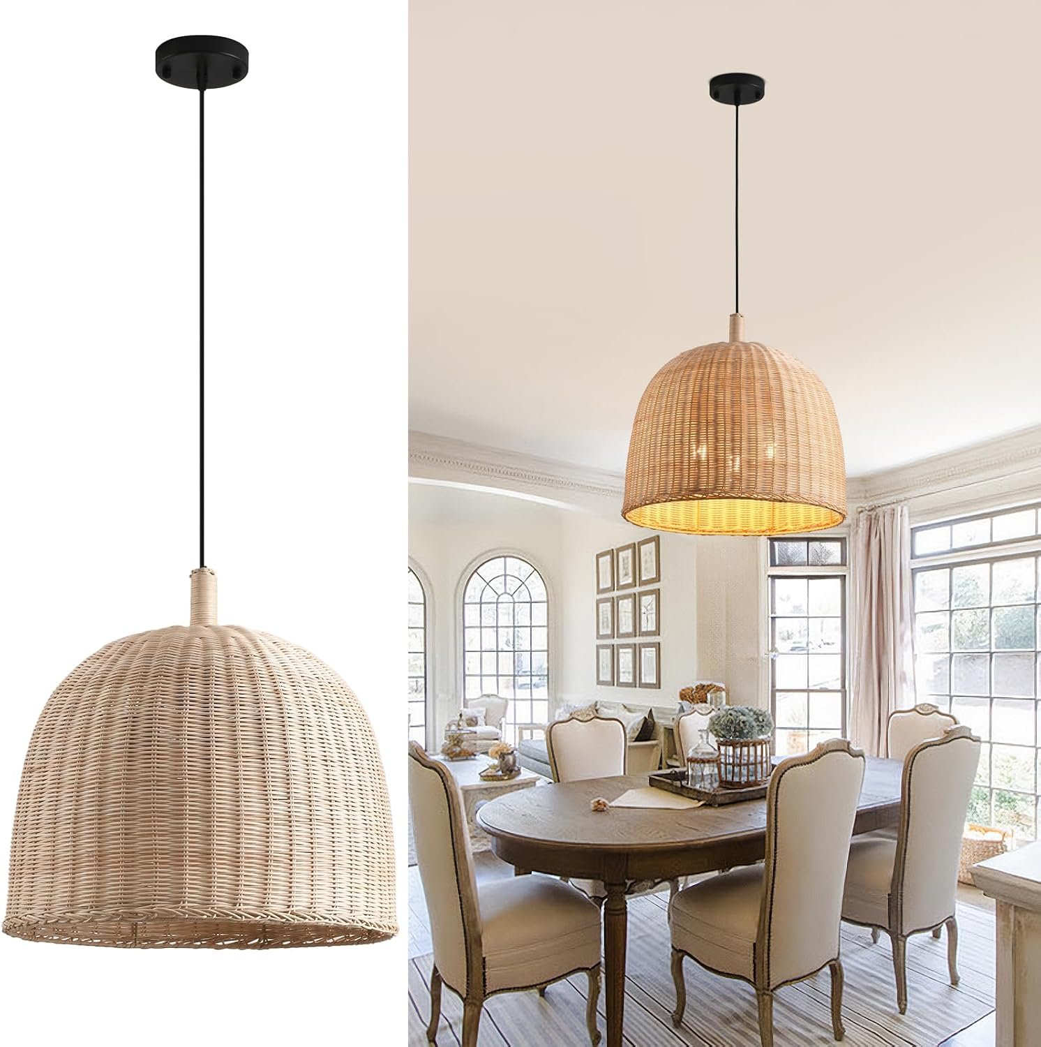 17.7″ Rattan Pendant Light,Hand-Woven Wicker Chandelier