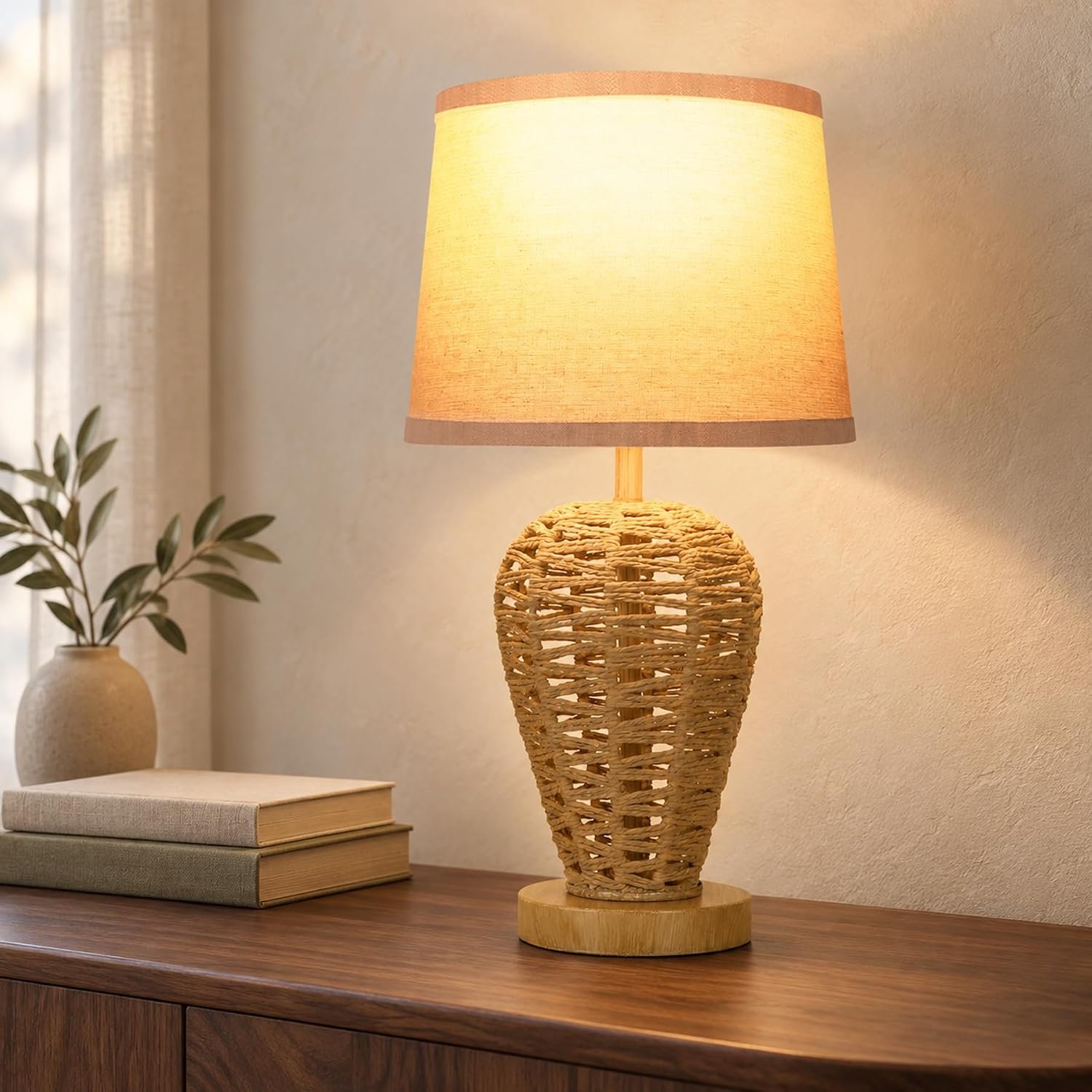 19″ Boho Table Lamp with 100% Hand Woven Rattan Body & Wood Grain Finish