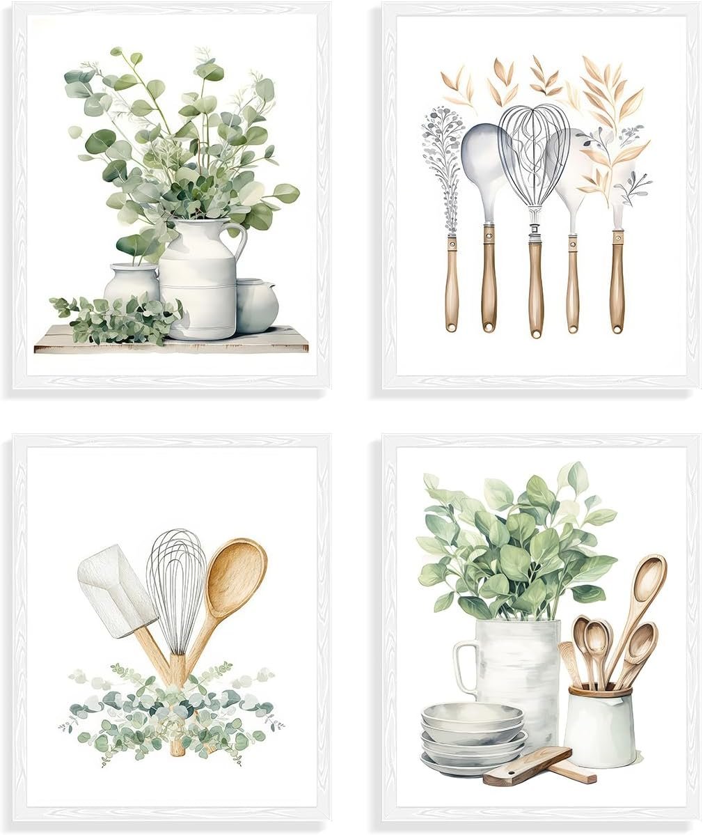 Dazzlewall 4Pcs Sage Green Eucalyptus Kitchen Wall Art 8×10 in Unframed