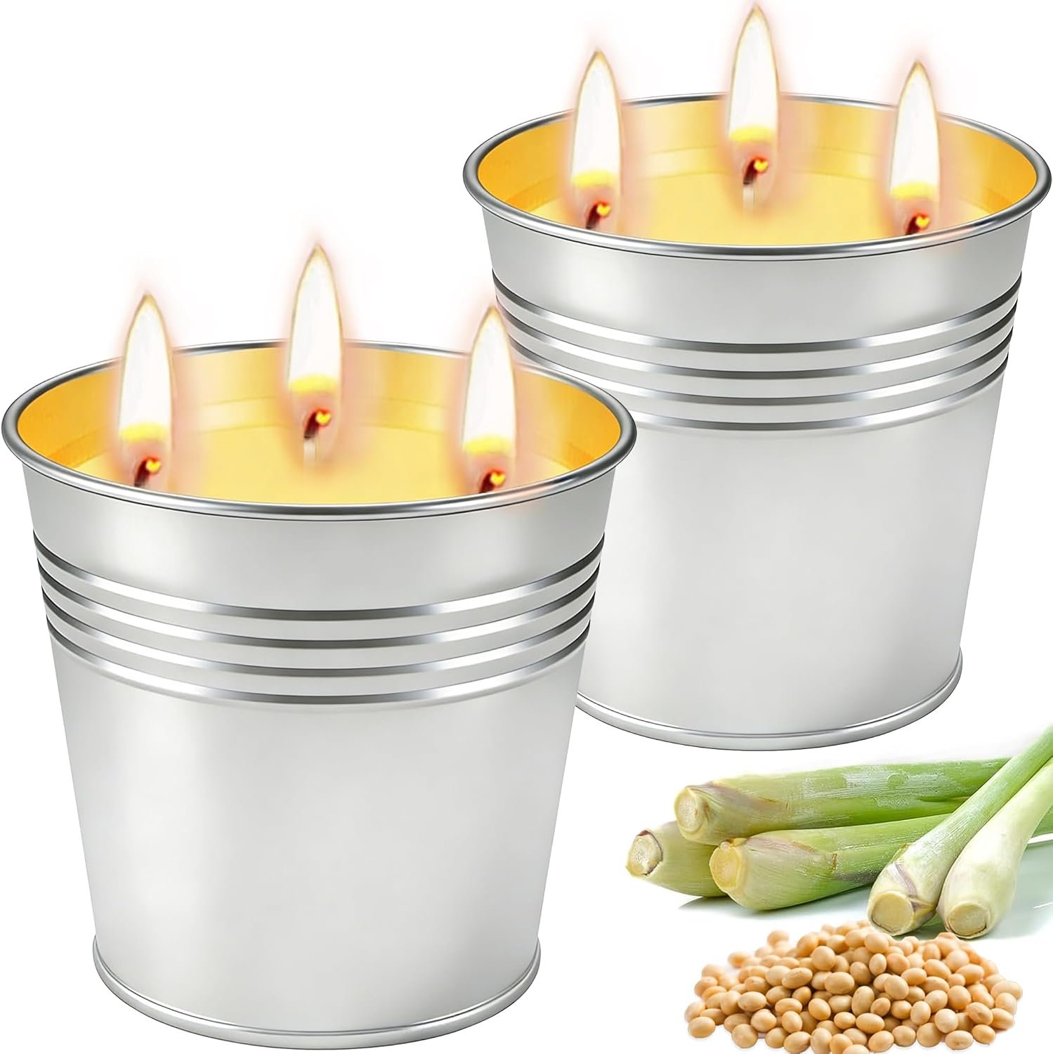 Citronella Candles Outdoor, Large Citronella Candle Set of 2, 13 oz 3-Wick Soy Candles with Natural Citronella Oil, 160H Total for Patio, Backyard, Deck, Camping, Decorative Silver Tin Bucket