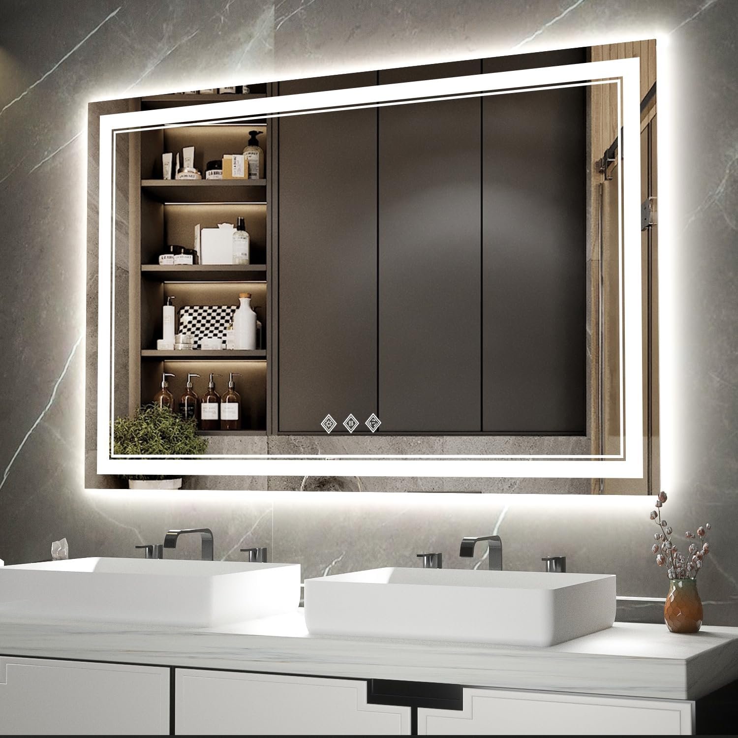LED Bathroom Mirror, 48×32 Inch Gradient Front and Backlight Lighted Vanity Mirror, 3 Colors Dimmable CRI>90 Double Lights, IP54 Enhanced Anti-Fog, Hanging Plate Wall Mount LED Light Mirror