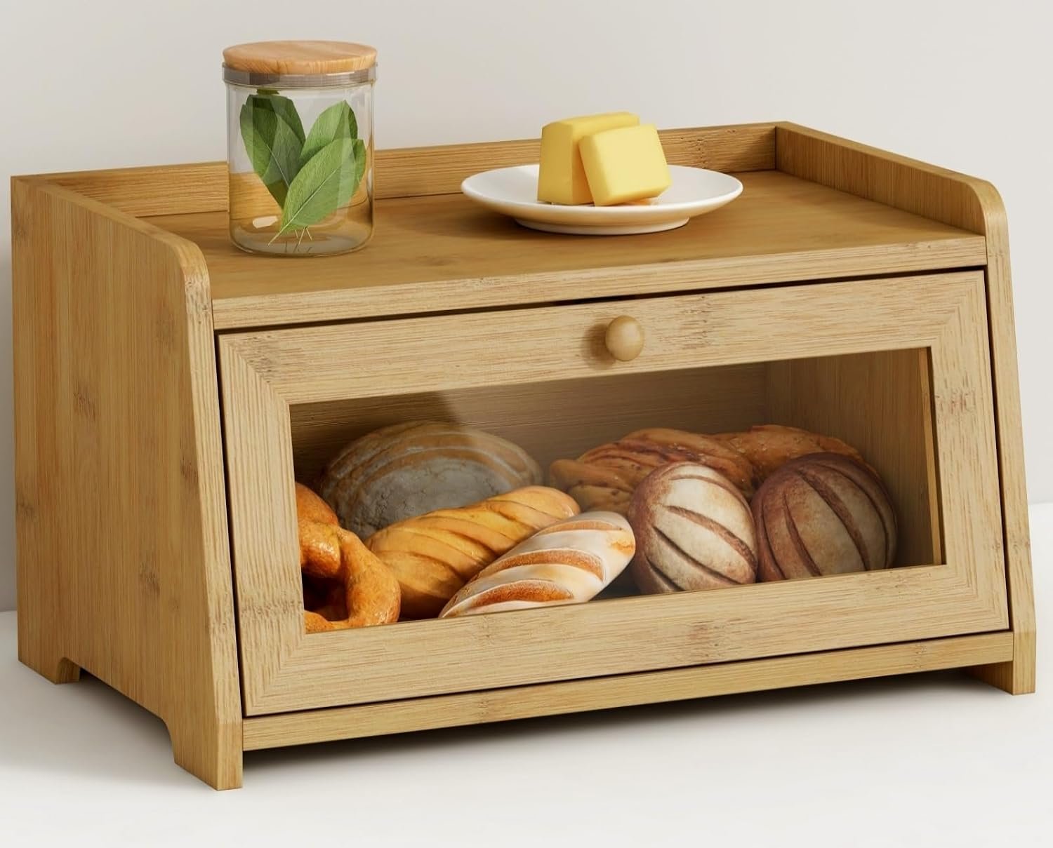Goozii Wood Bread Box for Kithcen Countertop, Rustic Breadox Storage Container for Homemade Bread, Small Compact Bread Keeper Holder Organizer with Window (Natural Bamboo)