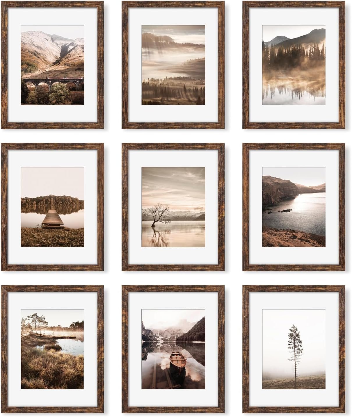 11×14 Picture Frame Set of 9, Photo Gallery Wall Frame Set, Display Pictures 8×10 with Mat or 11 x 14 Without Mat, Multi Photo Frames for Wall Mounting or Table Top Display, Rustic Brown