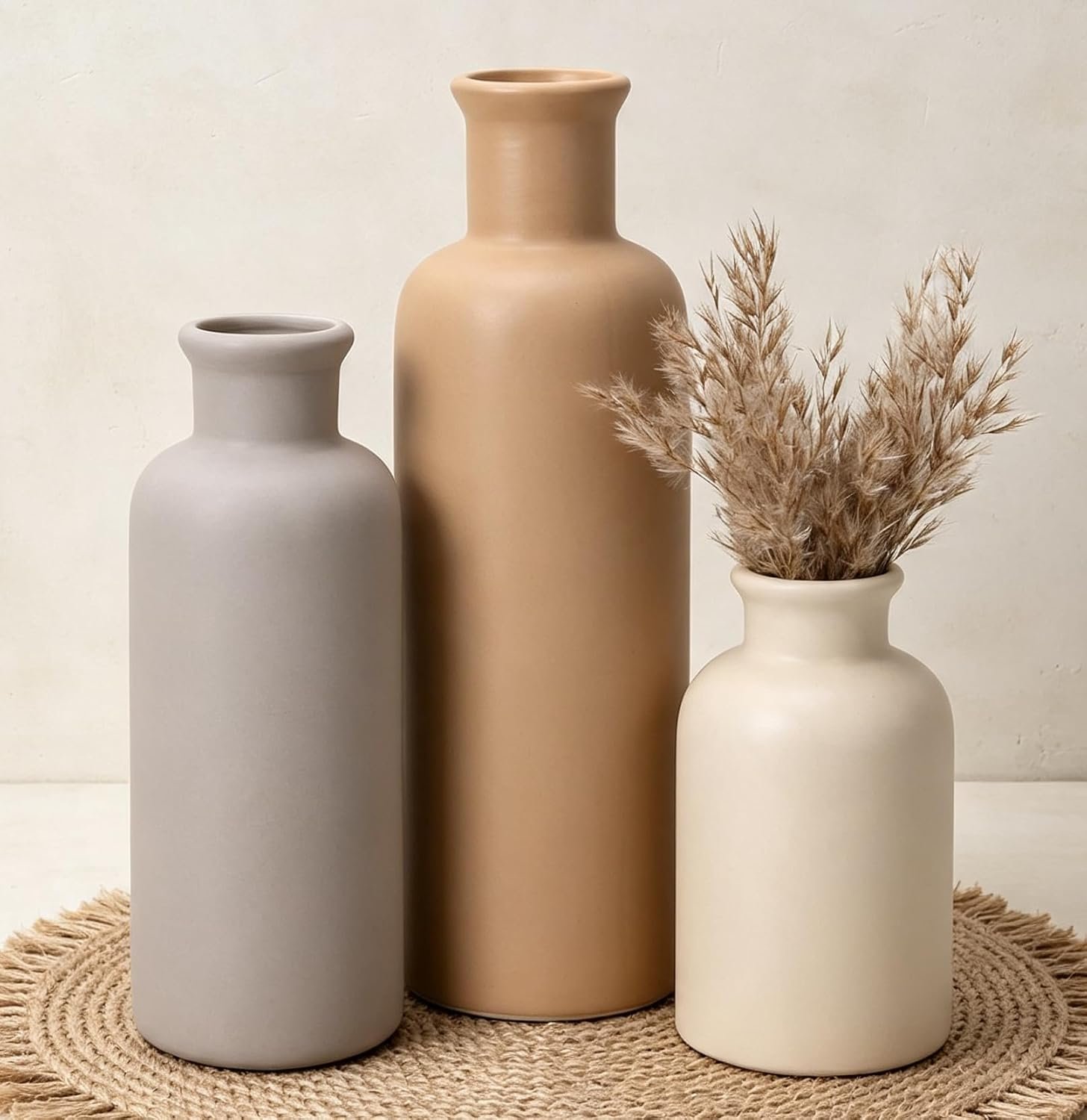 Ceramic Vase Set of 3, Brown Neutral Rustic Vases for Farmhouse Decor