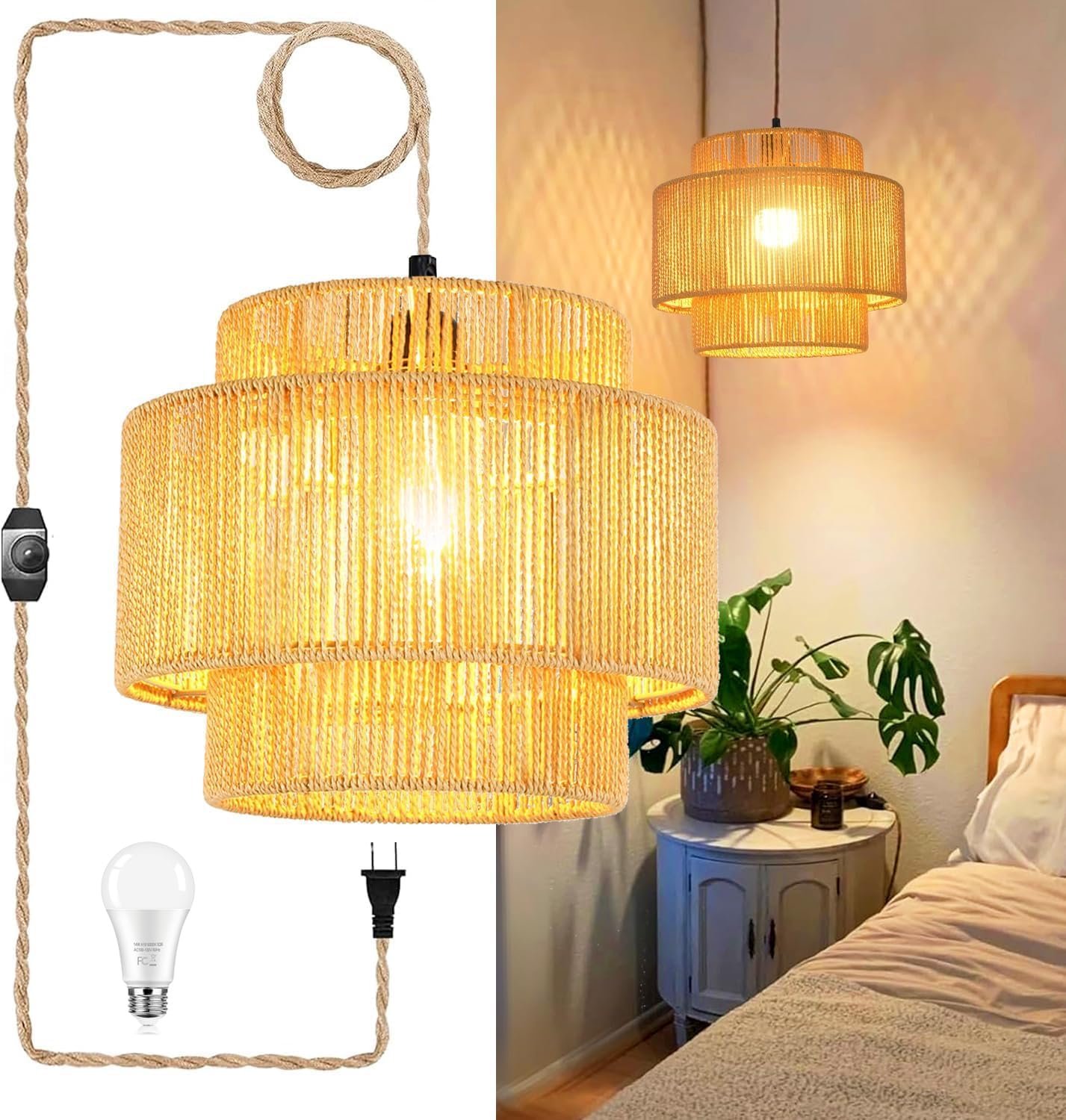 QIYIZM Plug in Pendant Light Hanging Lights with Plug in Cord Boho Hanging Lamp Dimmable,Rattan Wicker Woven Bamboo Lamp Shade, Plug in Ceiling Light Fixture for Living Room Bedroom Kitchen