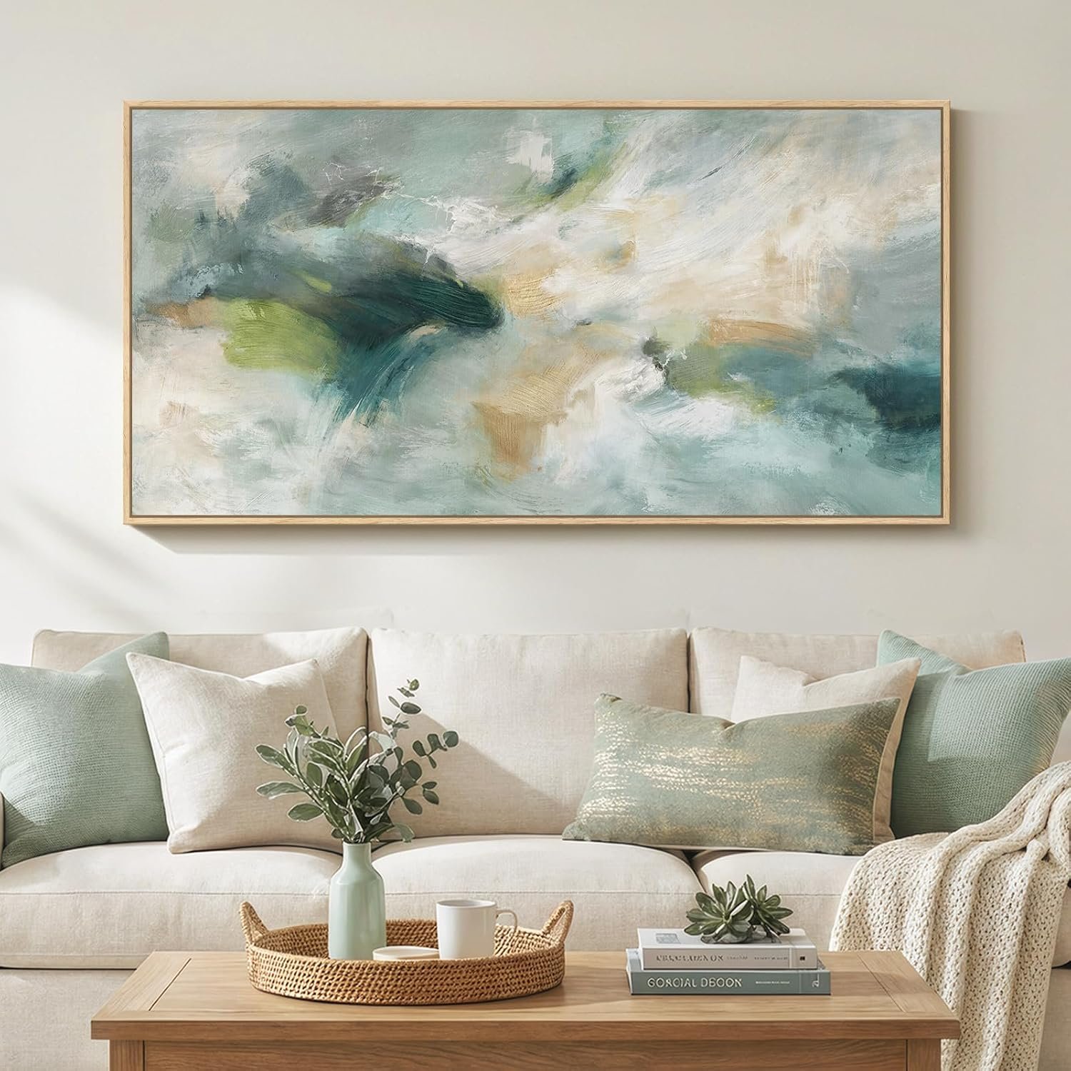 Large Framed Horizontal Sage Green Abstract Wall Art, 1 Piece 30×60 In