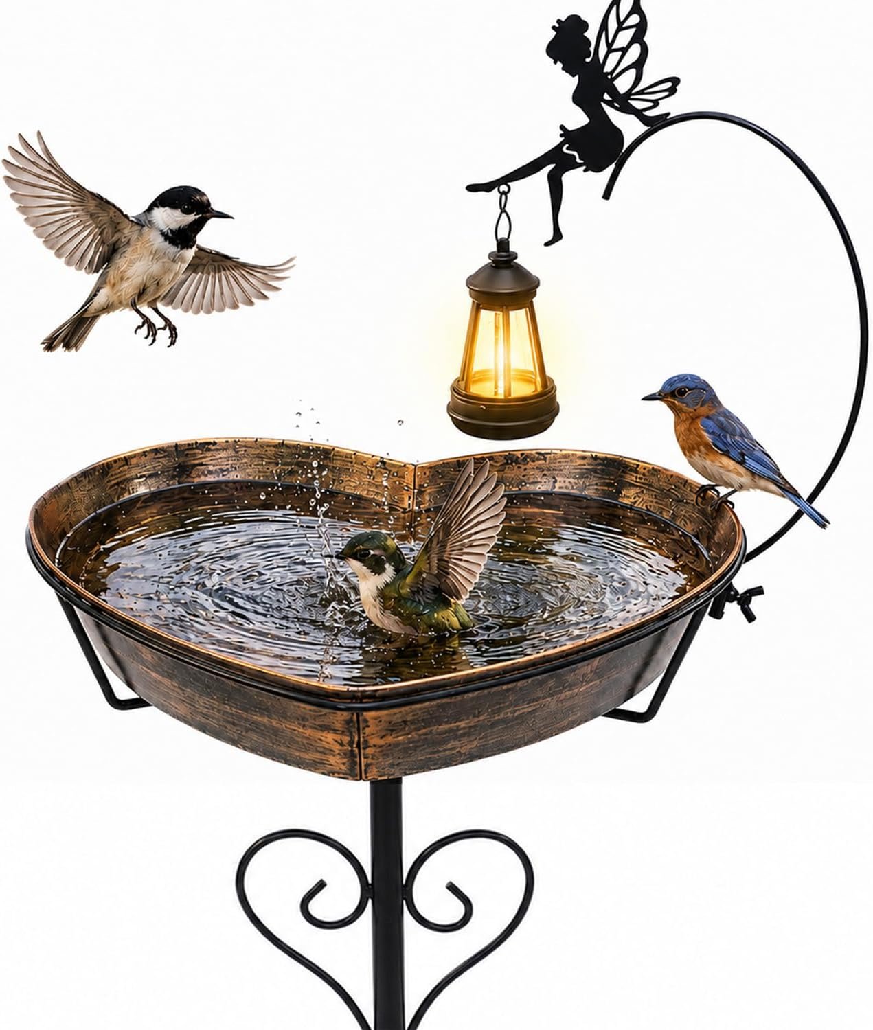 Solar Metal Heart Bird Bath for Outside, 48″H 14″Dia Removable Bowl,3.5 D