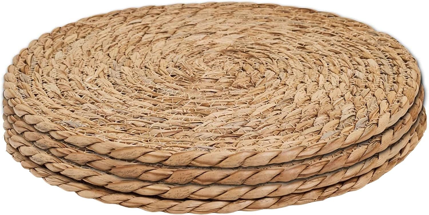 Defined Deco Woven Placemats Set of 4,12″ Round Rattan Placemats,Natural Hand-Woven Water Hyacinth Placemats,Farmhouse Weave Place Mats,Rustic Braided Wicker Table Mats for Dining Table,Home,Wedding.