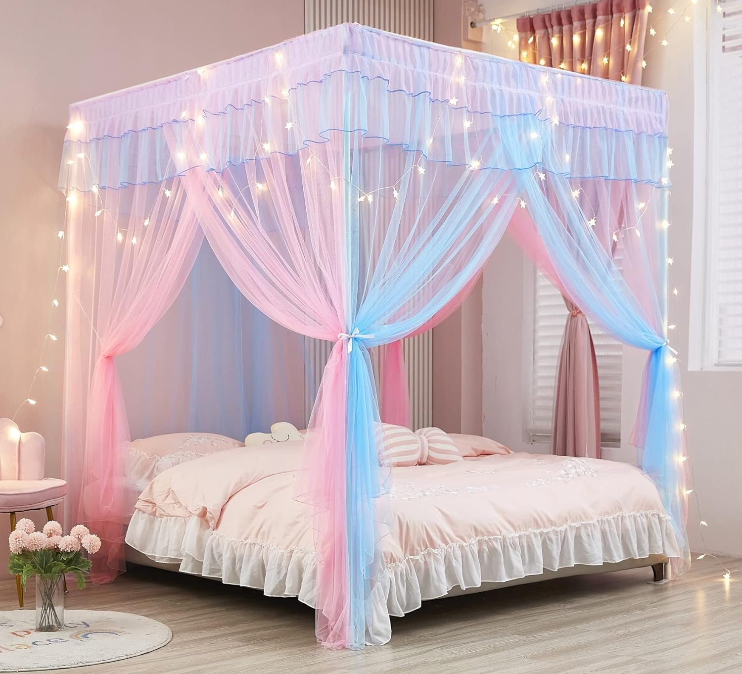 Mengersi Rainbow Canopy Bed Curtains with Lights – Princess Bed Canopy for Girls – Bed Drapes Netting- Bedroom Decoration Accessories,Full
