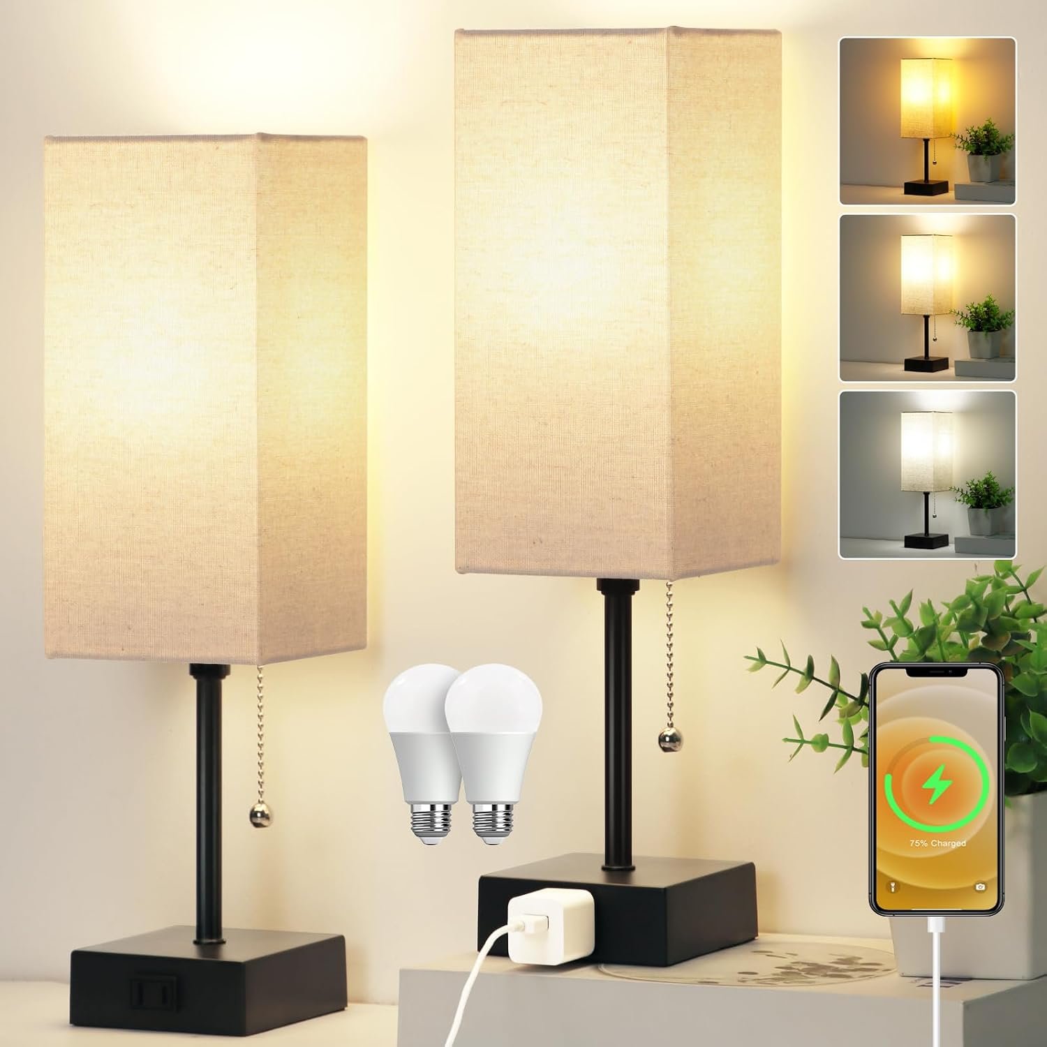15” Bedside Table Lamp for Bedroom Small Night Light Lamps for Night stand