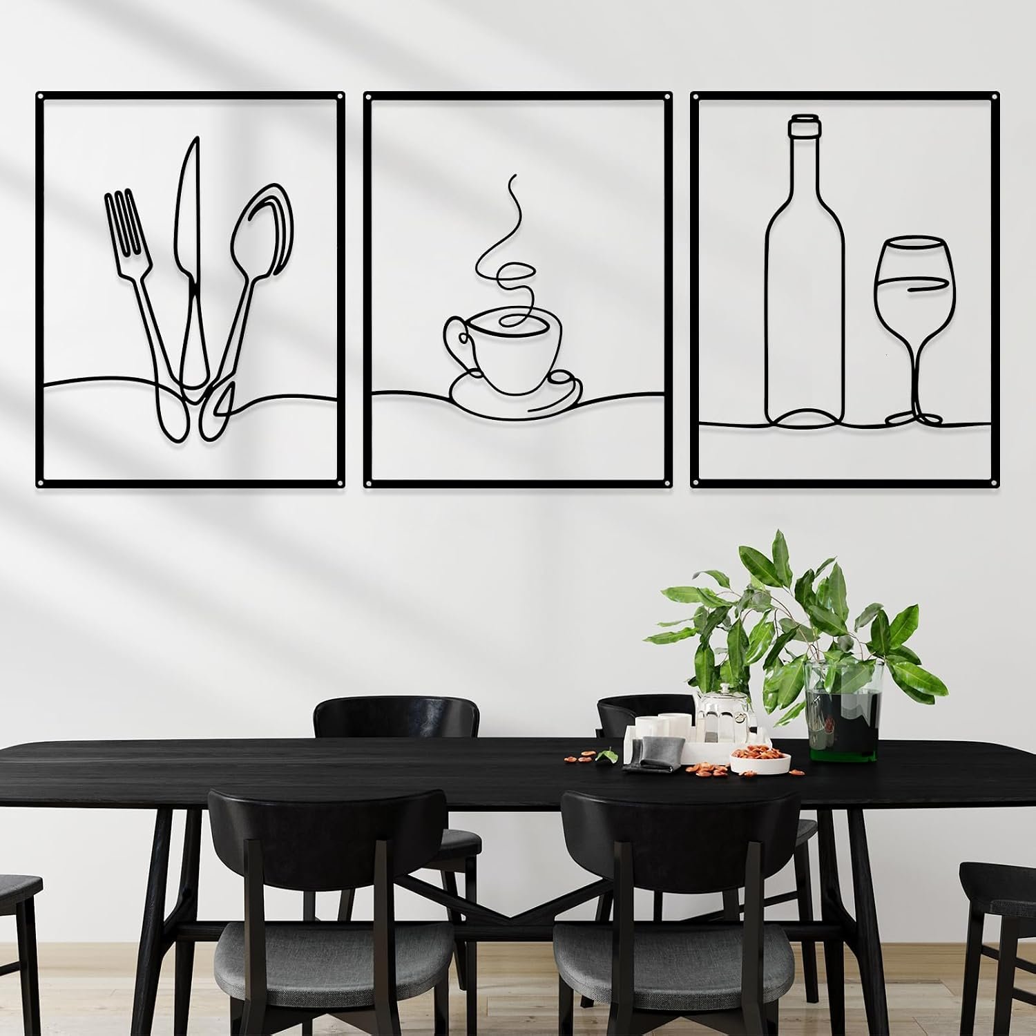 Otoolling 3 Pcs Metal Kitchen Wall Art Line 14×11,Dining Room,Black