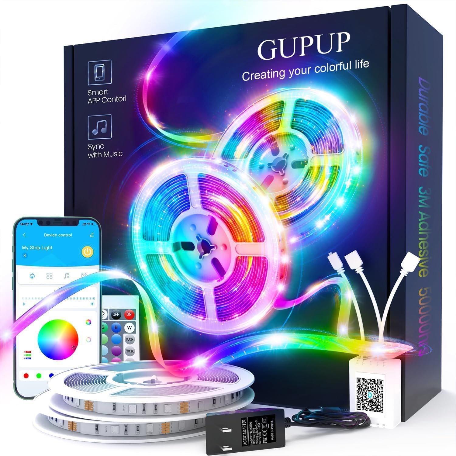 GUPUP LED Lights Strip 100 FT, LED Lights for Bedroom 100ft, RGB Rope Light for Room, Bluetooth APP Control,Color Changing Strip, Sync with Music,para Cuarto, for Bedroom Home Party Decoration
