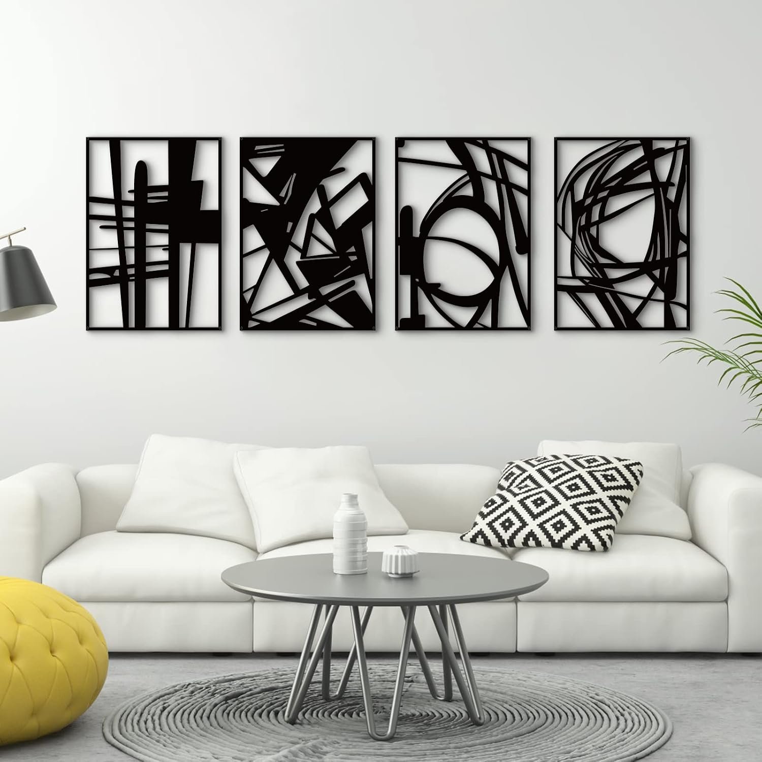 4 Pack Black Abstract Metal Wall Art, Minimalist Décor Single Line Art Wall Décor, 3D Textured Metal Wall Sculptures, for Living Room Bedroom Bathroom Study Room (Black Abstract, M Size 16 x 11”)