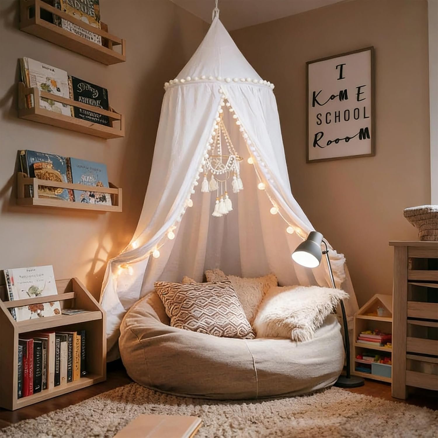 LOAOL Bed Canopy with Pom Pom Kids Reading Nook Hanging Tent (White)