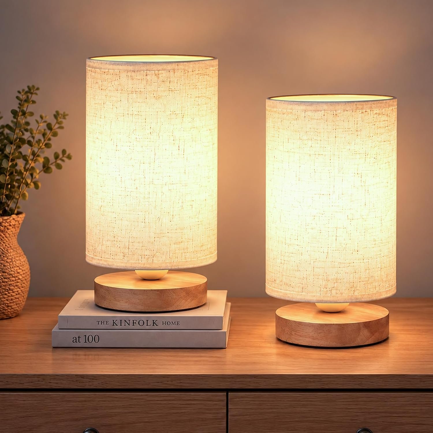 Table Lamps for Bedrooms Set of 2, Minimalist Bedside Lamps Set with Round Fabric Linen Shade,Reading Small Desk Lamp Set of 2 for Kids Room, Night Nightstand Lamp Set for Living Room, Office