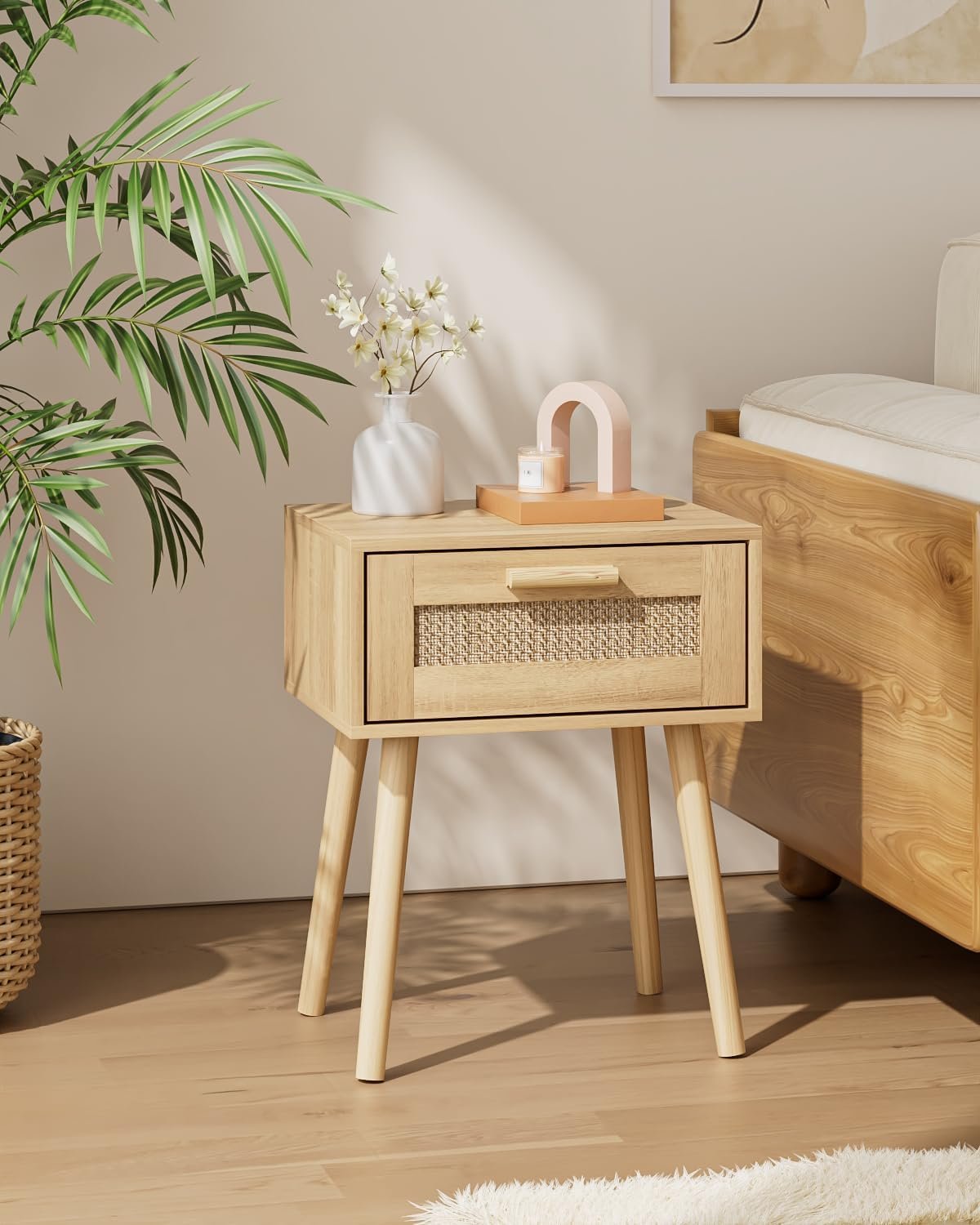 Rattan Nightstand, Small Boho Wood Night Stand with Drawer, Oak