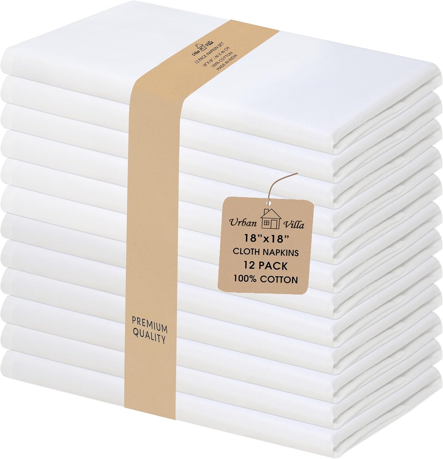 Urban Villa Cloth Napkins White Dinner Napkins Set of 12 (18X18) 100% Cotton Absorbent Washable Durable Reusable Ideal for Hotel Collection Farmhouse Parties Restaurant Lunch Dinner Napkins