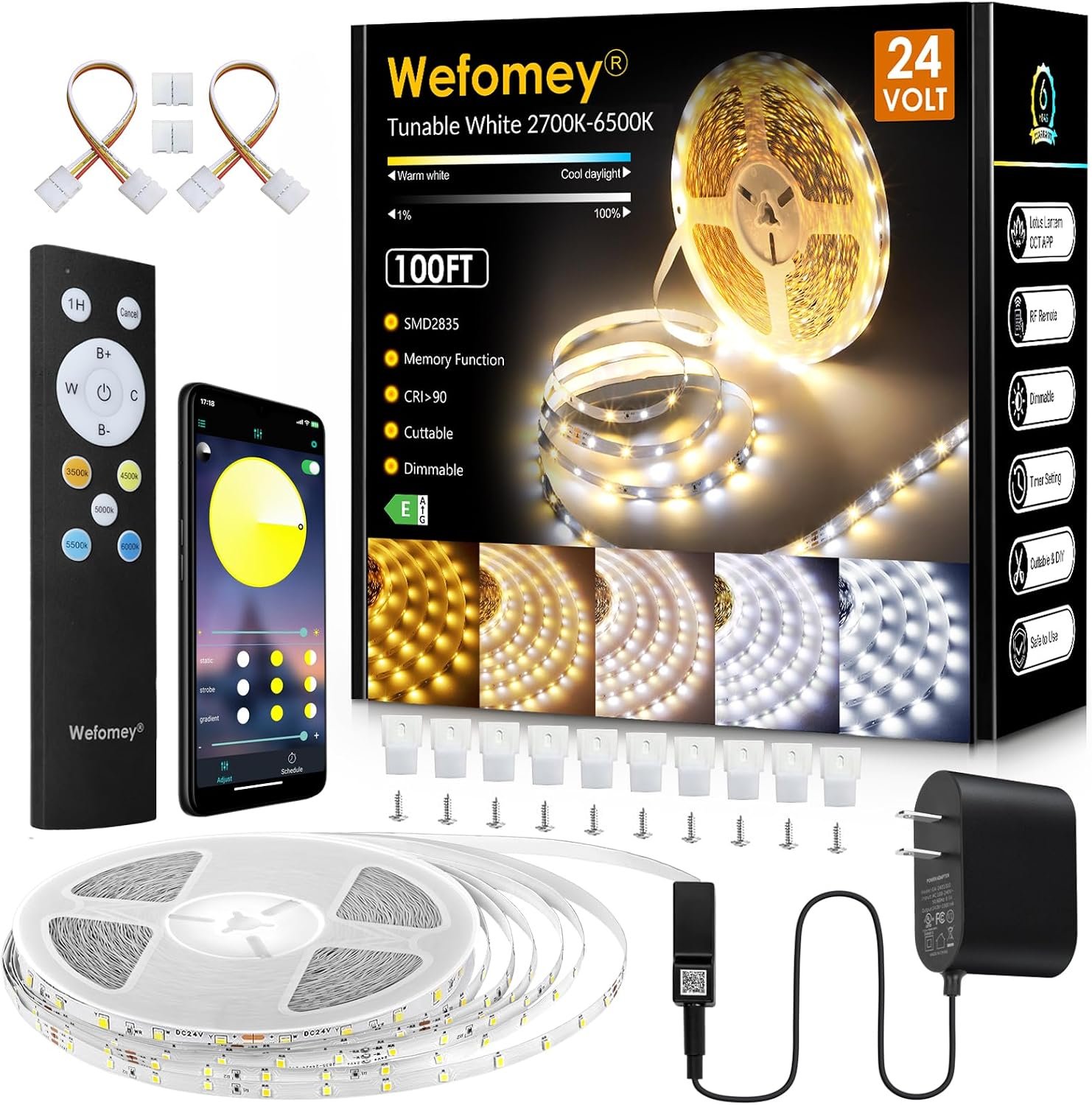 100ft White LED Strip Lights Dimmable 2700K-6500K Bright Tunable White