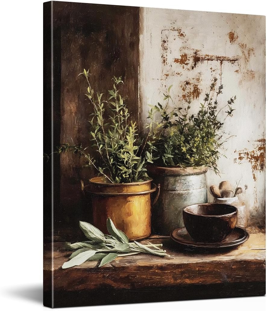 YeleY Vintage Herbs Kitchen Canvas Wall Art, Country Still Life Wall Decor