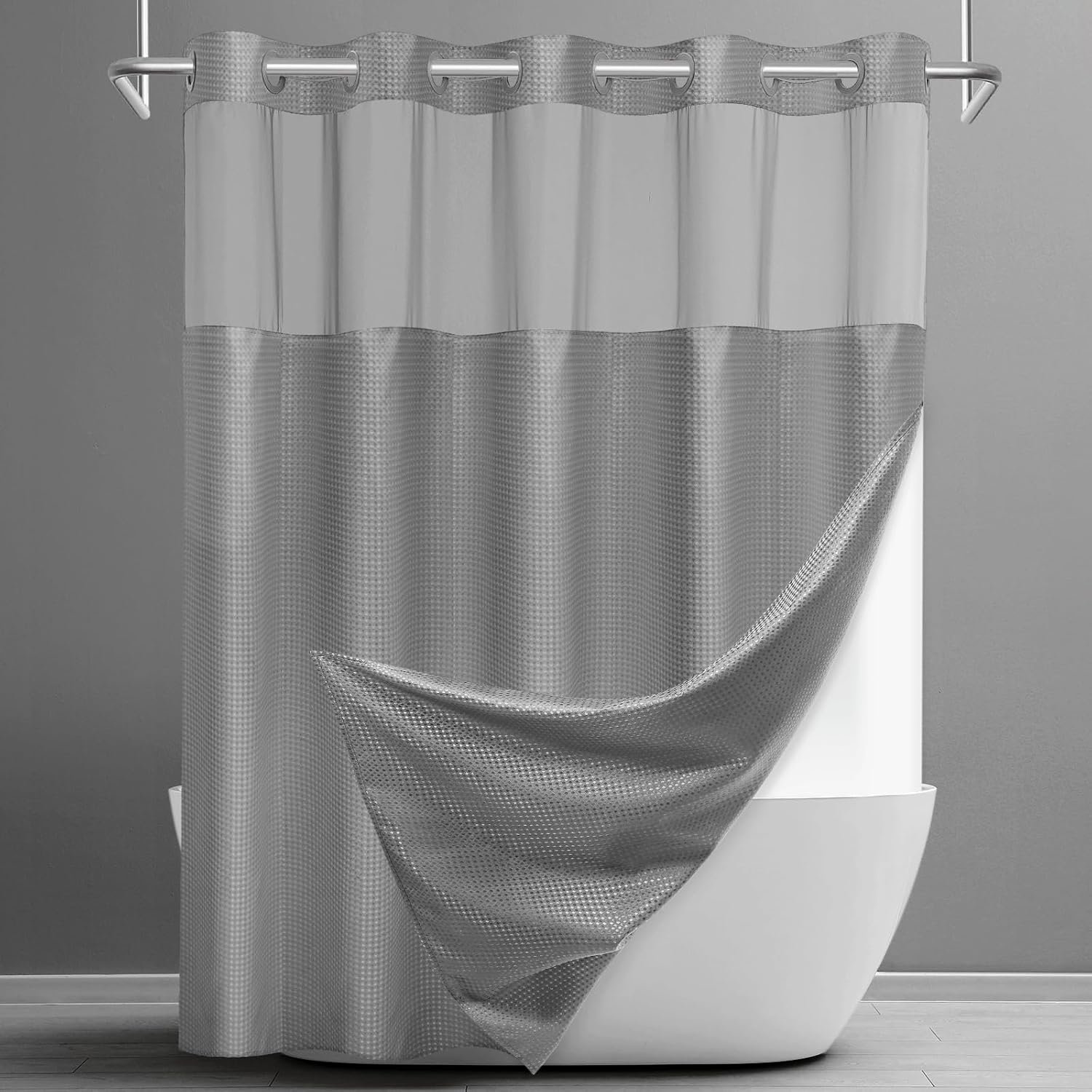 Ringless Waffle Shower Curtain with Snap in Liner Set,  71×74, Grey