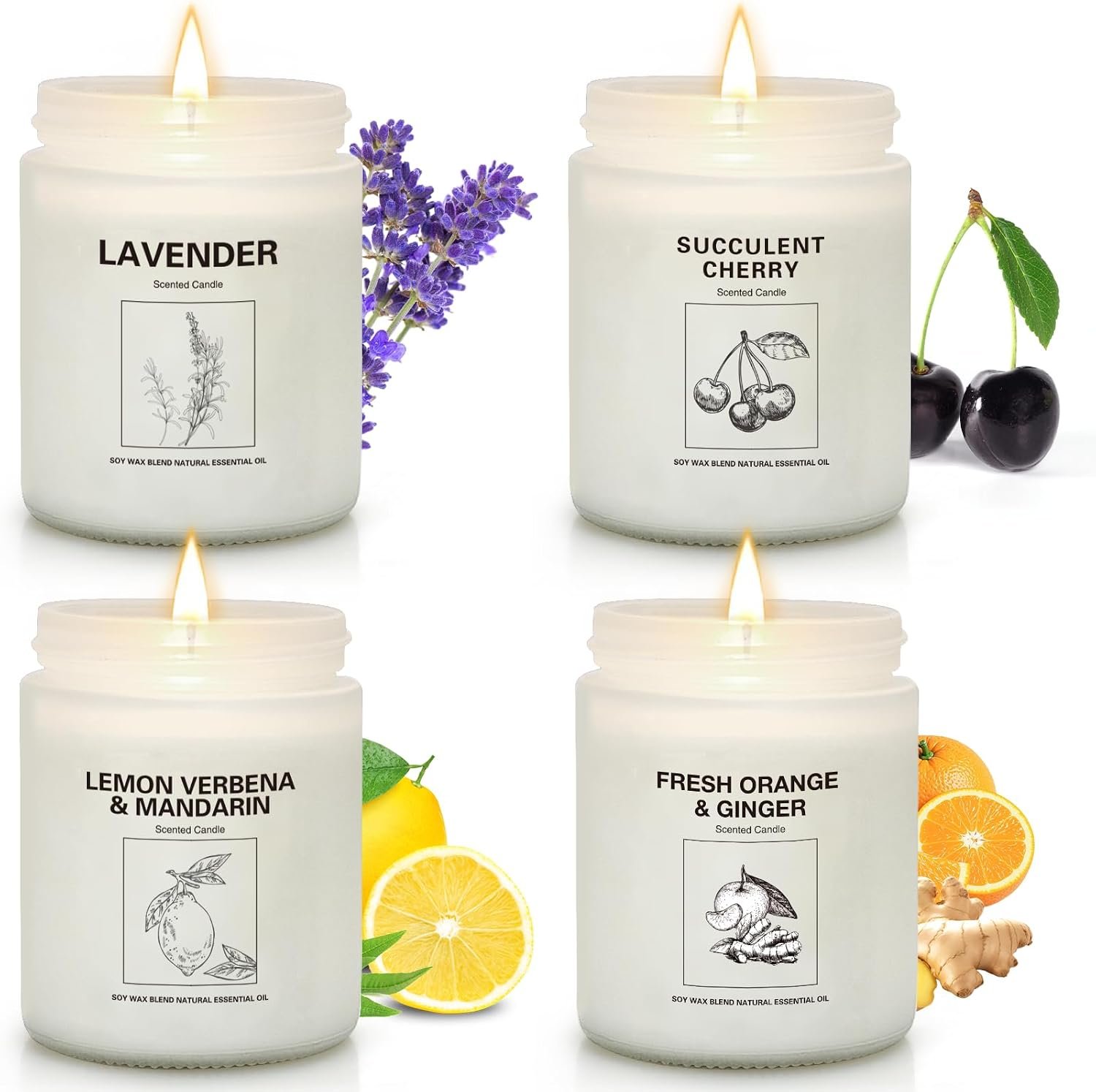 Soy Wax Scented Candle Gift Set, 4 Pack Lavender, Orange & Lemon Scents