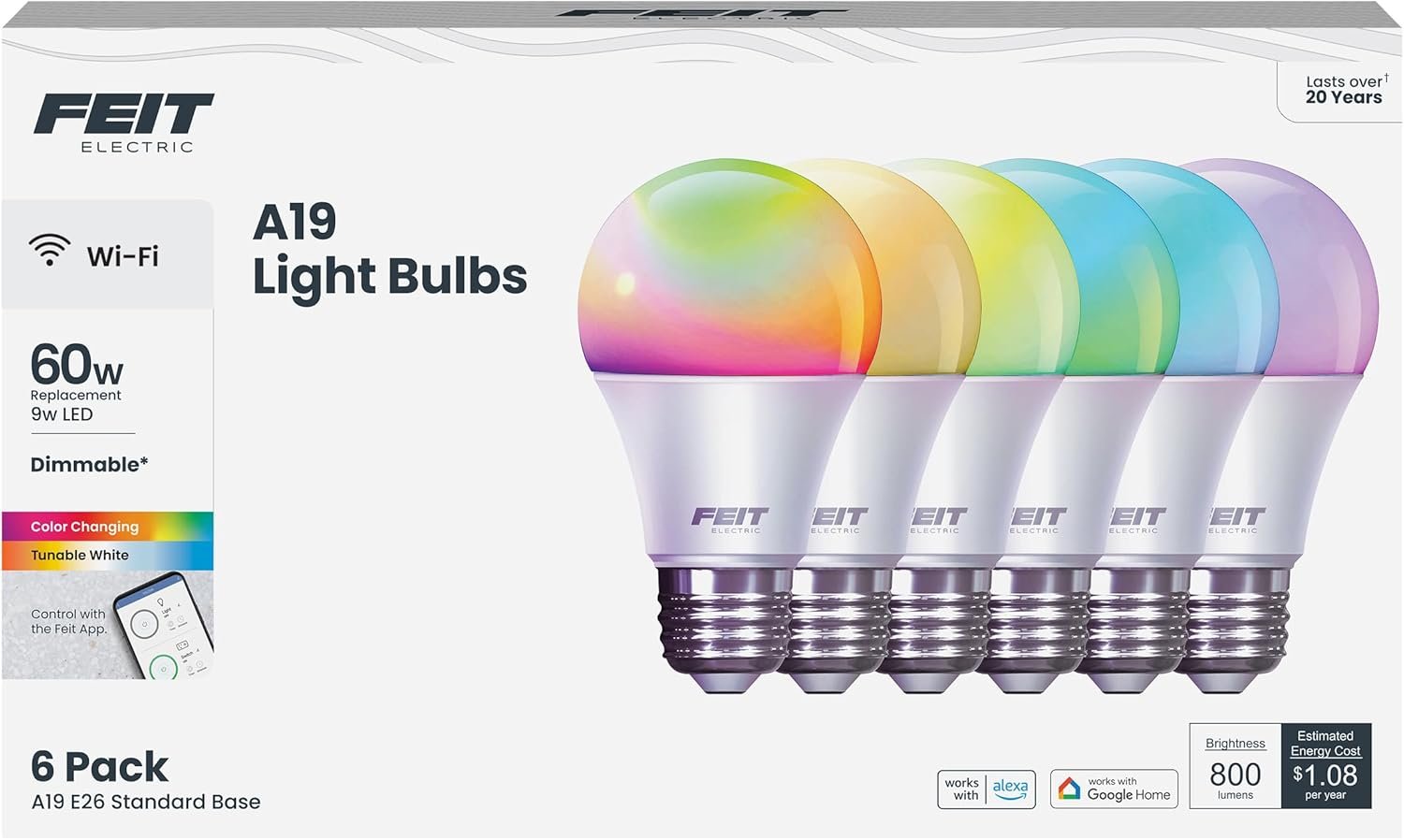Feit Electric Smart Light Bulbs, A19 RGBW Color Changing – 60W Eq – 6 Pack