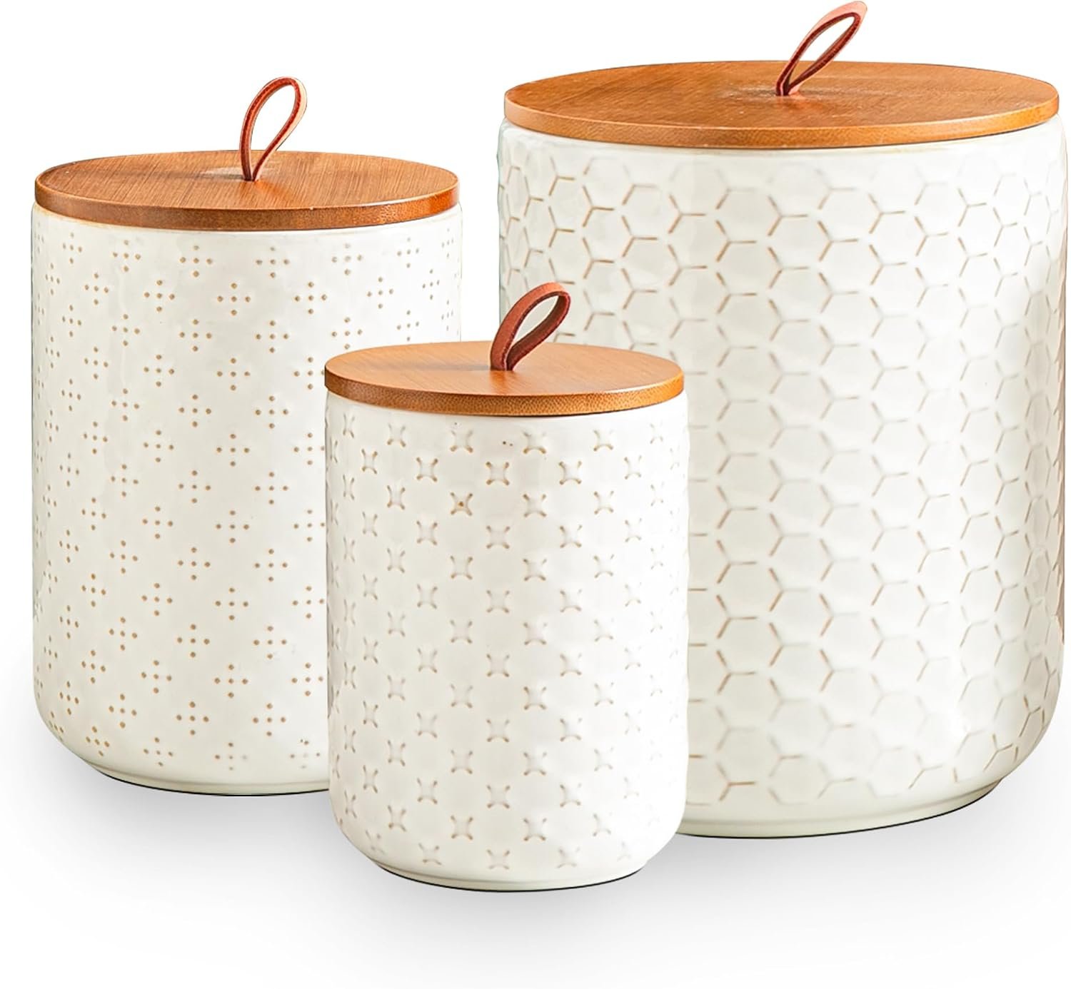JOJUNO White Embossed Ceramic Canister 3 Piece with Airtight Bamboo Lid