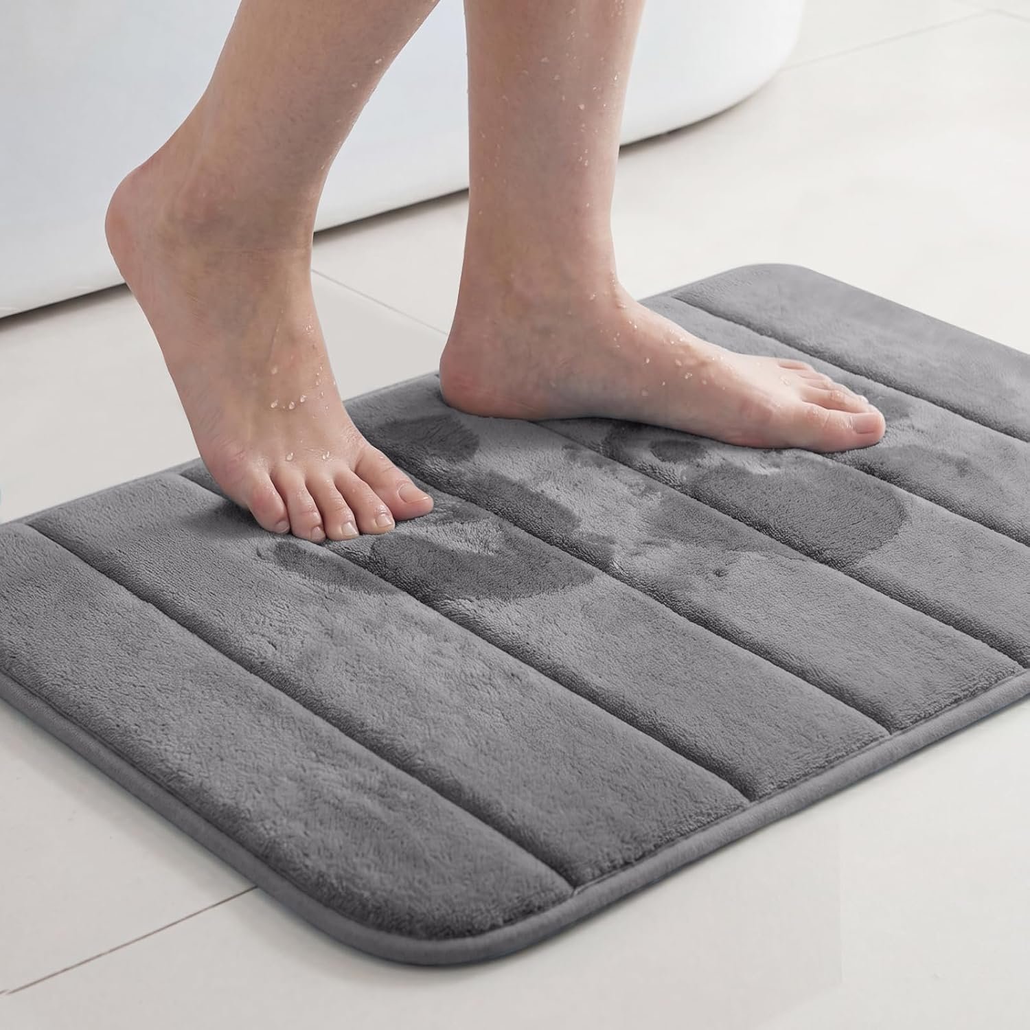 Flamingo P Non Slip Memory Foam Bath Mat Rug Fast Drying Soft Bathroom Shower Mats Rugs, 24×17 Inches, Grey