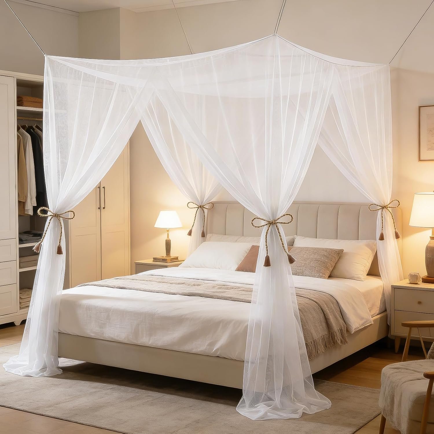 4 Corners Mosquito Net for Bed, White Canopy Bed Curtains