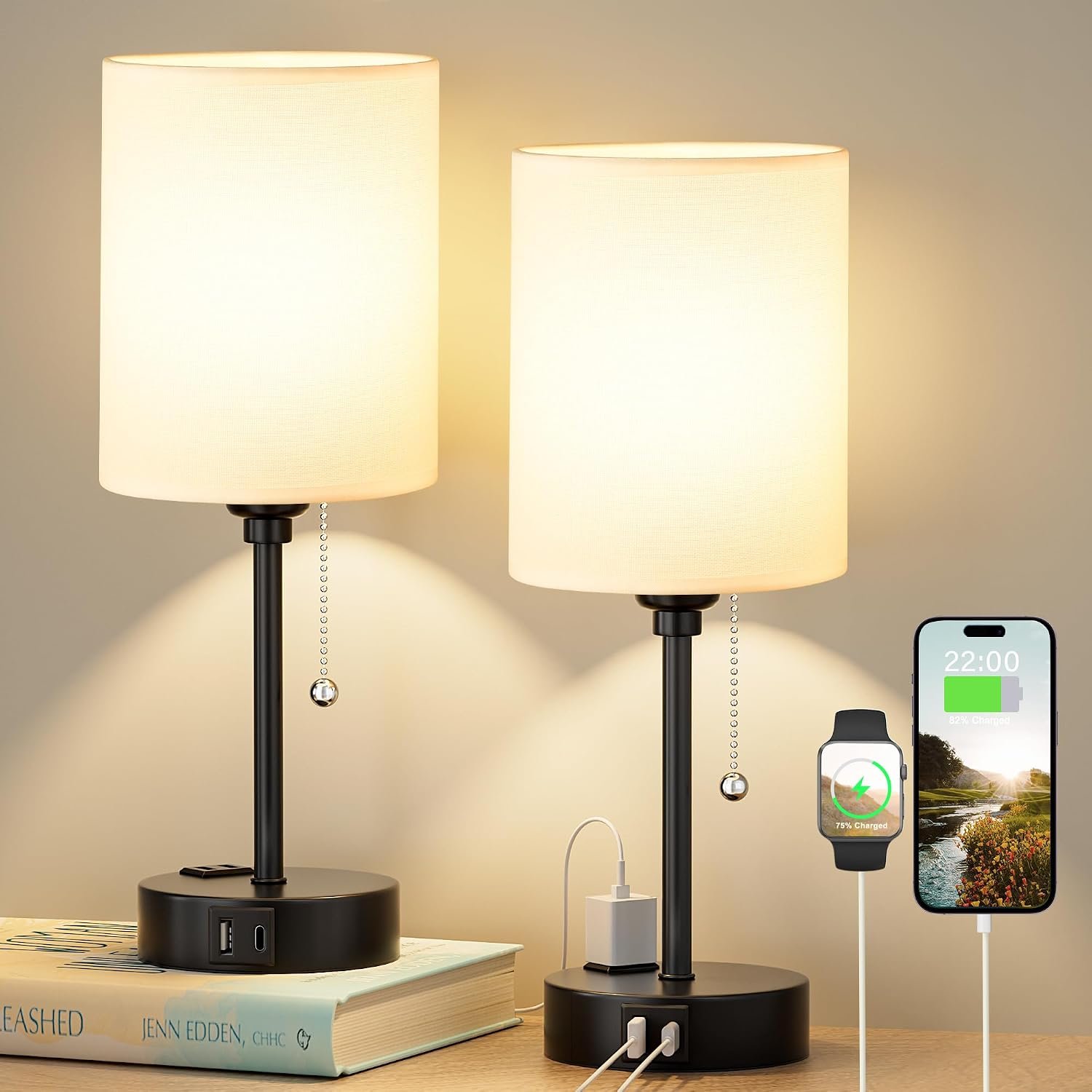 Bedside Table Lamp for Bedroom Set of 2, Small Desk Lamp with USB Ports