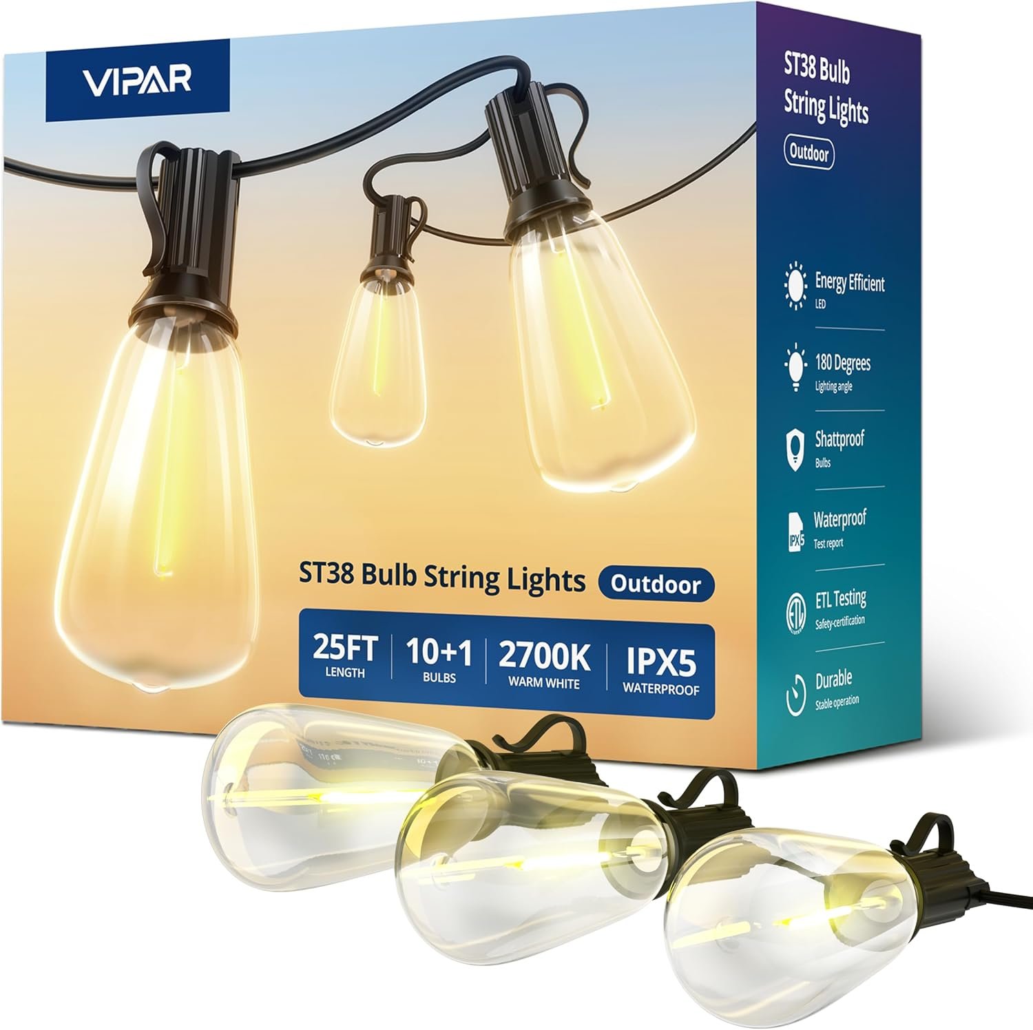VIPAR Outdoor String Lights,25FT LED Patio Lights Waterproof 11 ST38 Bulbs
