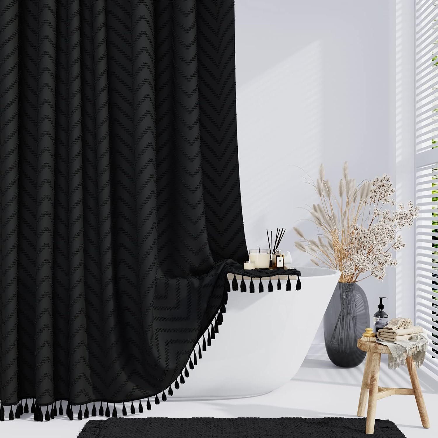 Dynamene Boho Farmhouse Fabric Shower Curtain Tufted Chevron 72″x72″ Black