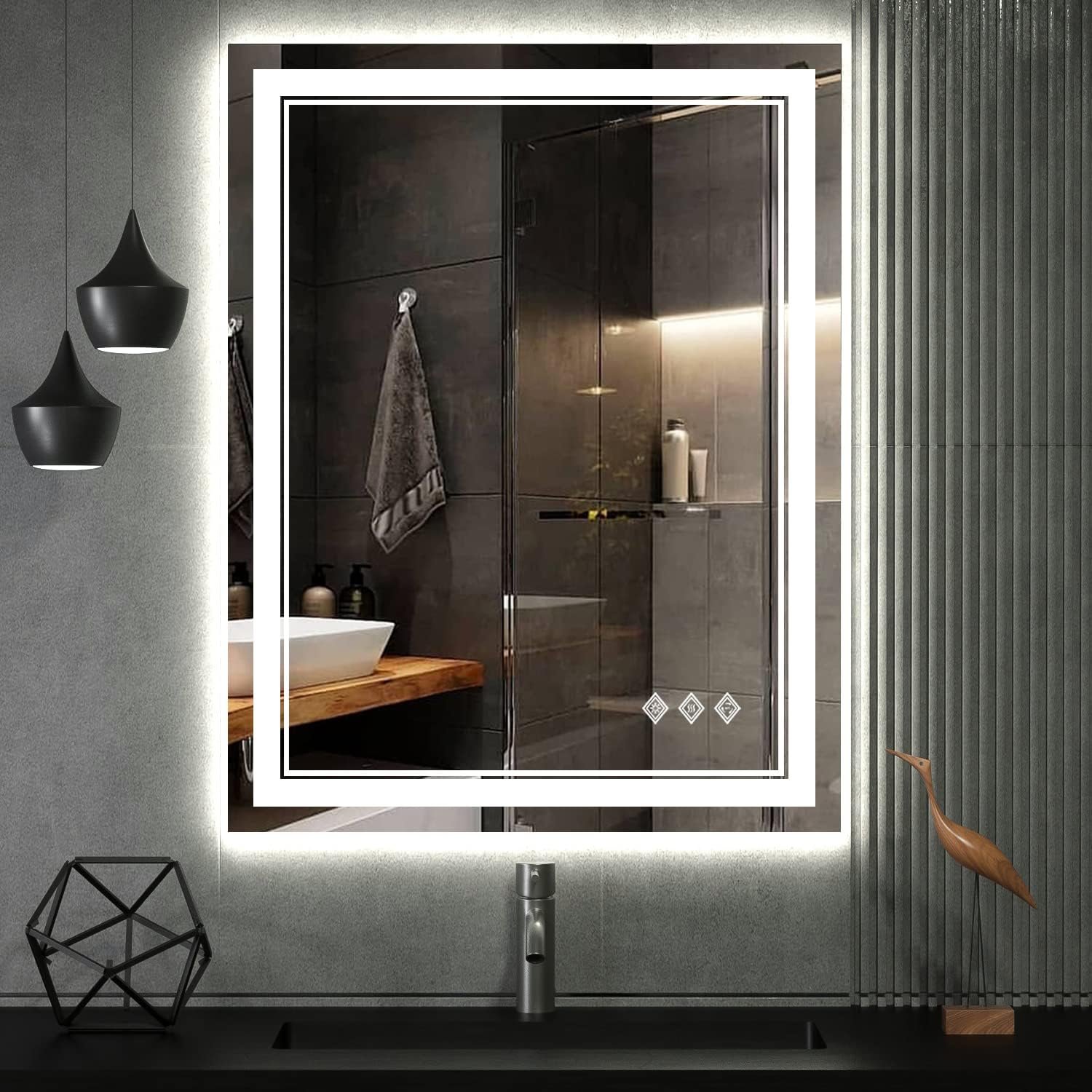 LED Bathroom Mirror, 24×32 Inch Vanity Mirror with Lights, Gradient Front and Backlit Bathroom Mirror with Lights, 3 Colors Dimmable CRI>90, IP54 Enhanced Anti-Fog, Hanging Plates