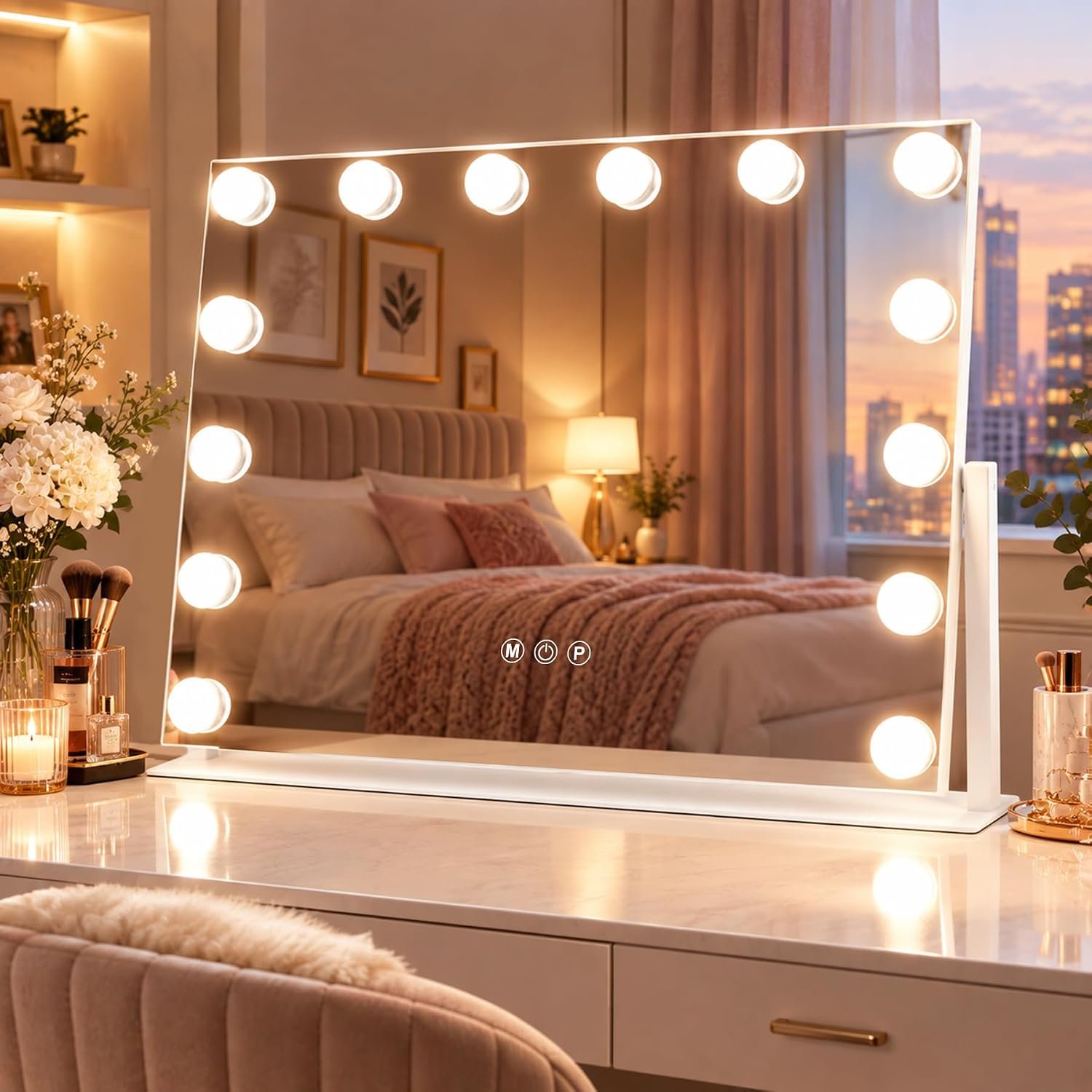 Vanity Mirror with Lights, 22″ x 17″, 360° Rotation Base, White