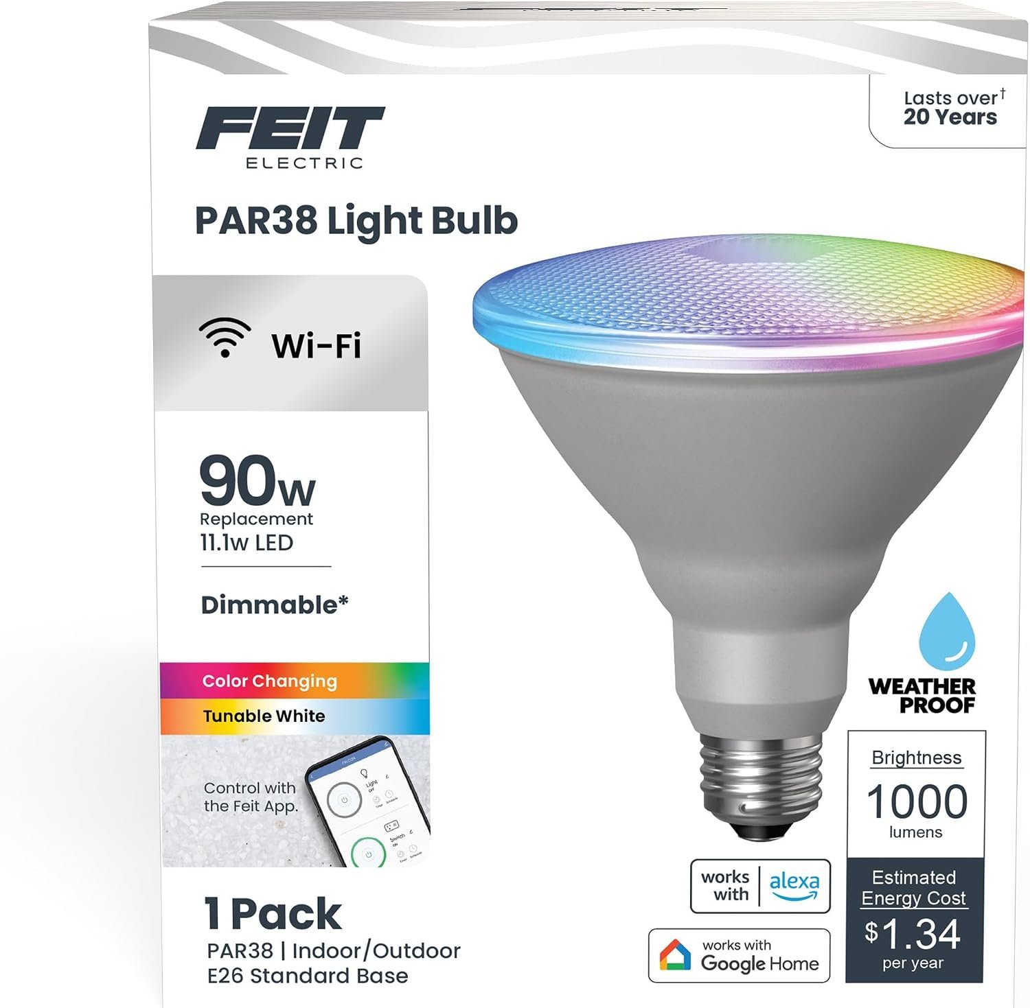 Feit Electric PAR38 LED Smart LED Light Bulb, 90W Eq, RGB Color Changing