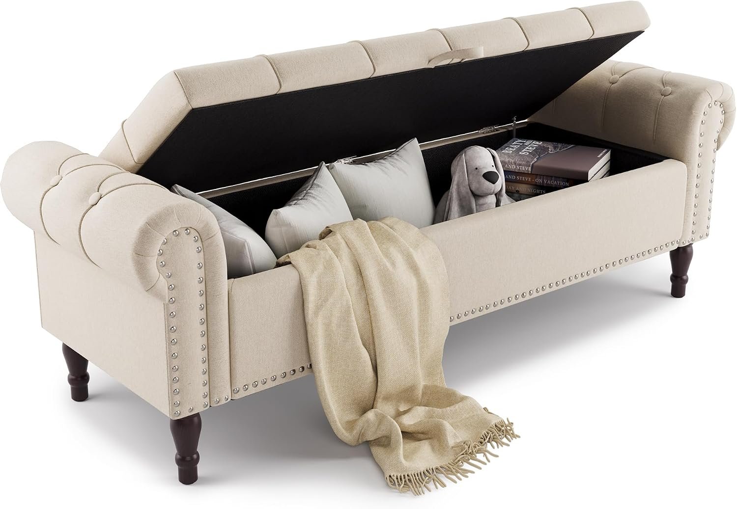 Storage Bench Ottoman, 61″ King Linen Rolled Arm Bedroom End of Bed Bench, Window Bench with Button Tufted and Nailhead Trim for Foot of Bed Bench, Bedroom, Entryway, Living Room, Linen Color