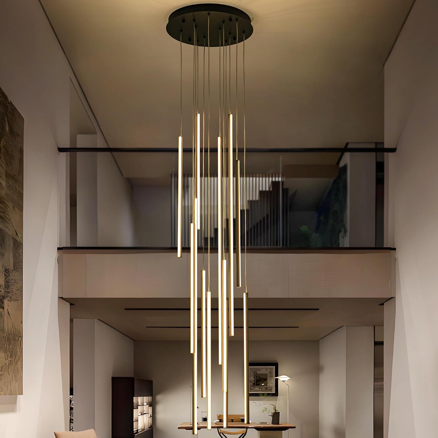 118″ Modern LED Chandelier, Clustered Led Pendant Light, 12-Lights Dimmable High Ceiling Large Hanging Lighting Fixture for Loft Villa Living Room Stairs Foyer (Black-80W-12 Lights)