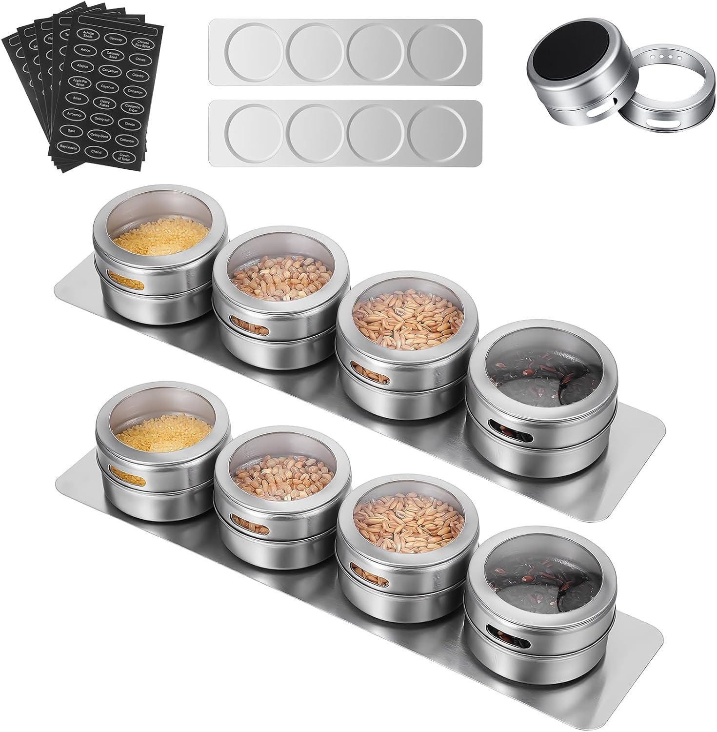 Set of 8 Magnetic Spice Tins with 2 Metal Wall-Plates, 100 Preprinted Labels, 3 oz Clear Lid Jars for Kitchen Refrigerator Storage