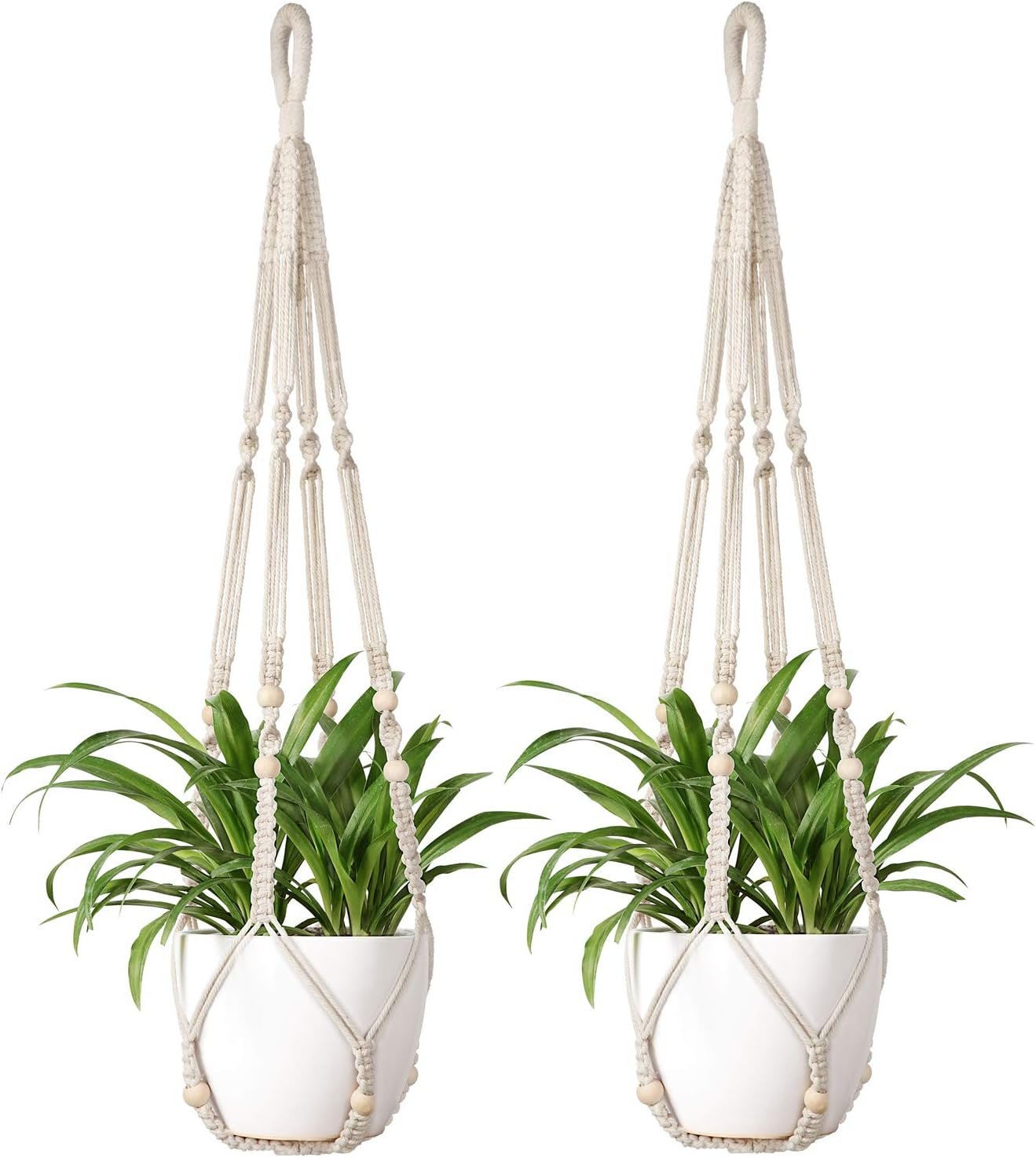Mkono Macrame Plant Hanger Indoor 35 Inch Hanging Planter Basket Ivory 2Pcs