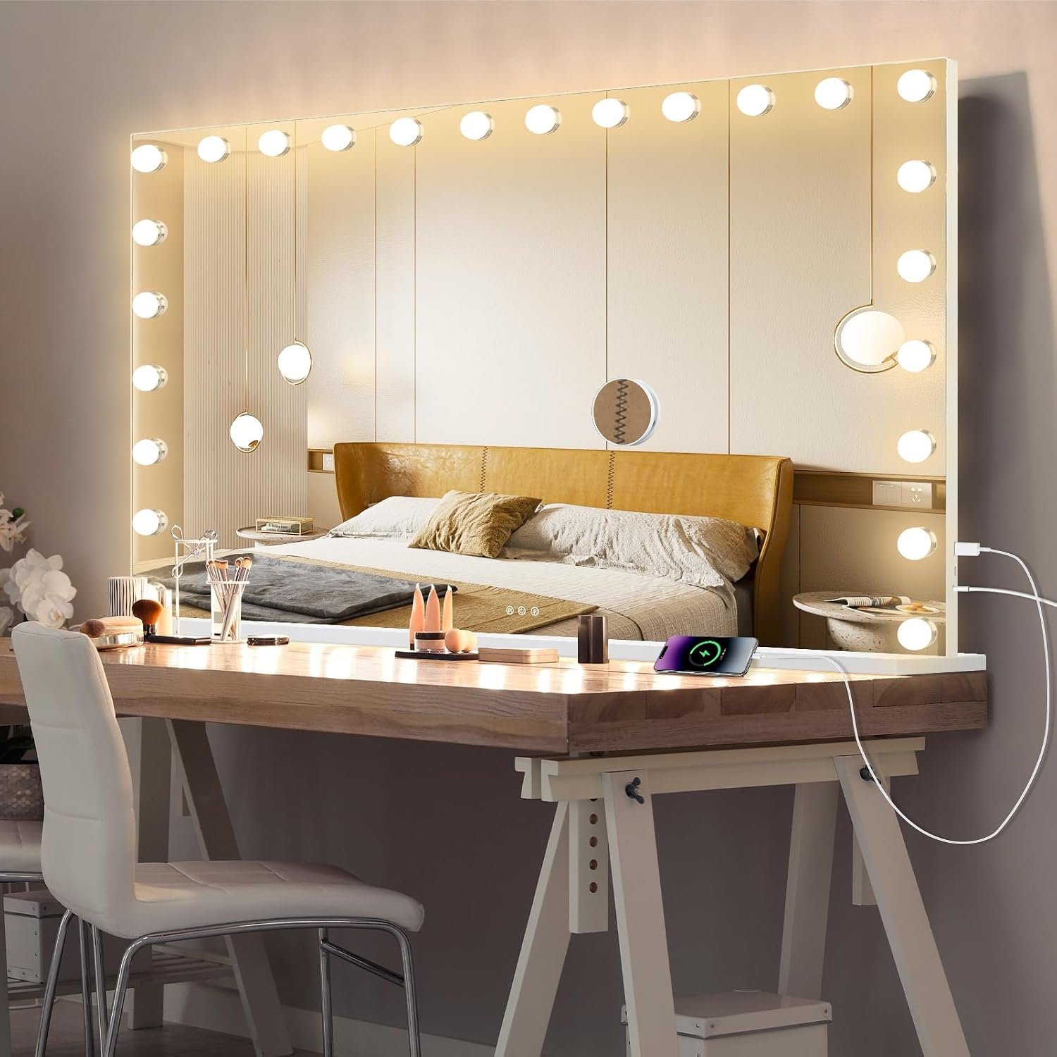 Ratsamee Hollywood Vanity Mirror with Lights, 24 Dimmable Bulbs, 3 Color Lights,Make Up Lighted Mirror, Aluminum Metal Frame, USB Charging Port（48″ x 30″）