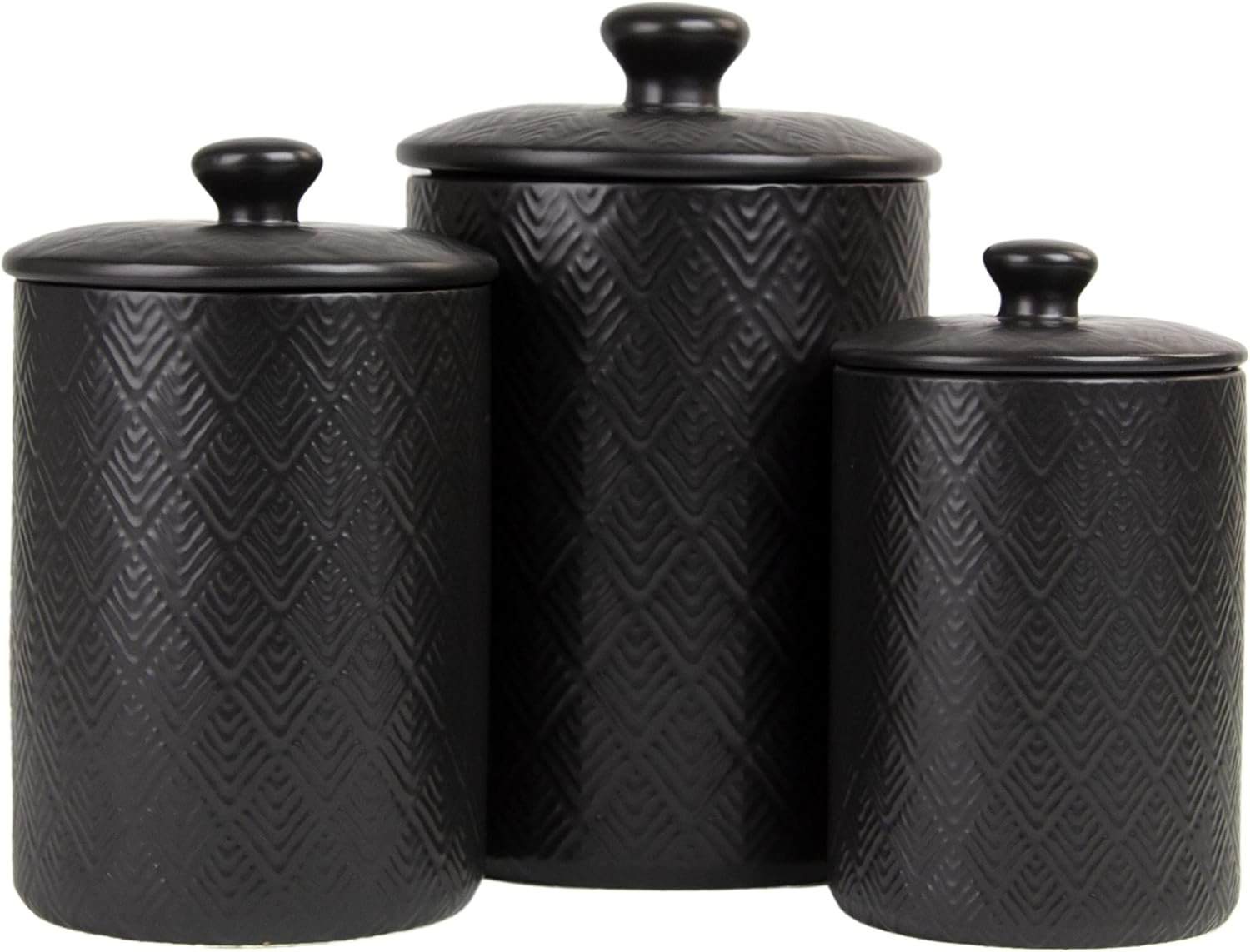 10 Strawberry Street Embossed Marquis Ceramic Kitchen Canister Set, Set of 3, Matte Black