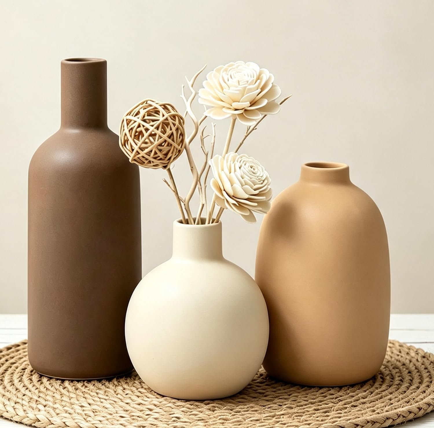 Large Ceramic Vase Set of 3, Brown Rustic Vases Home Decor Waterproof