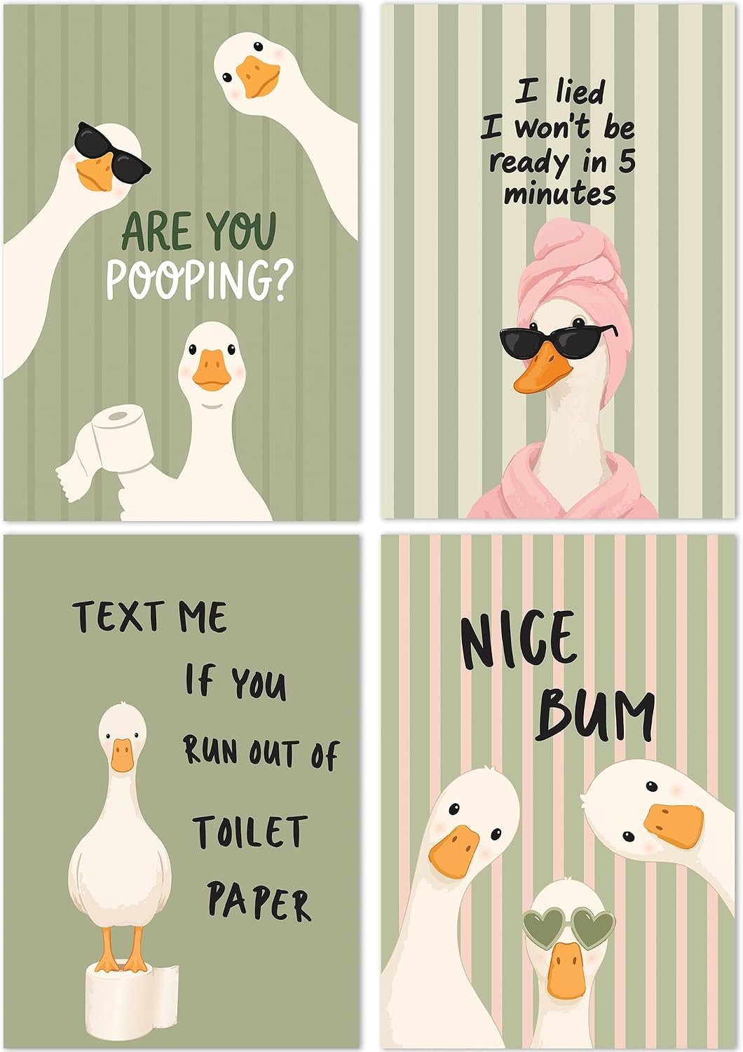 Emotional Uplifting Funny Bathroom Wall Art Set of 4, 11×16 Inch Glossy Goose Posters, Silly Goose Bathroom Decor, Are You Pooping Sign, Cute Farmhouse Restroom Artwork, Unframed
