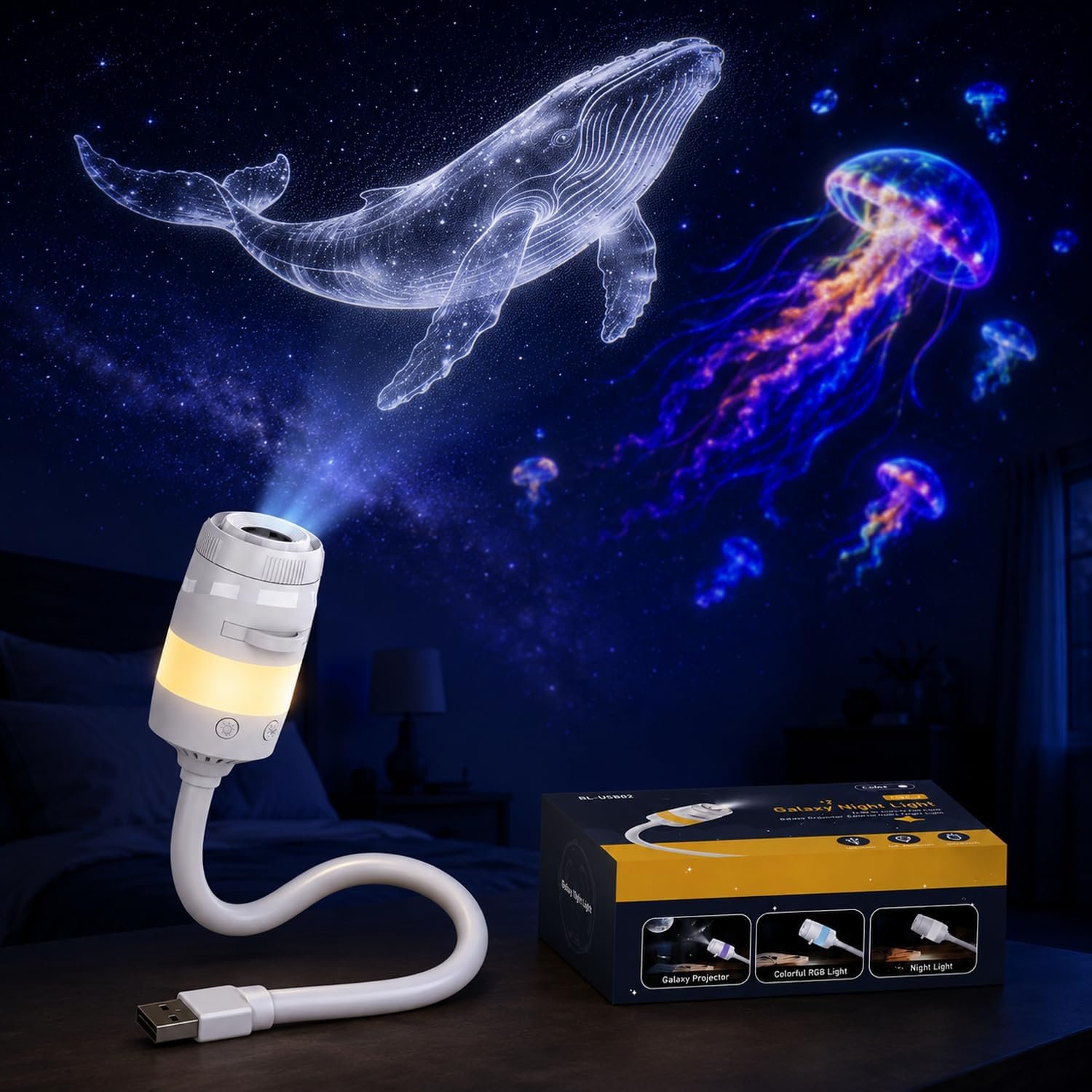 Galaxy Projector Lamp with 13 Projection Slides USB Flexible Gooseneck
