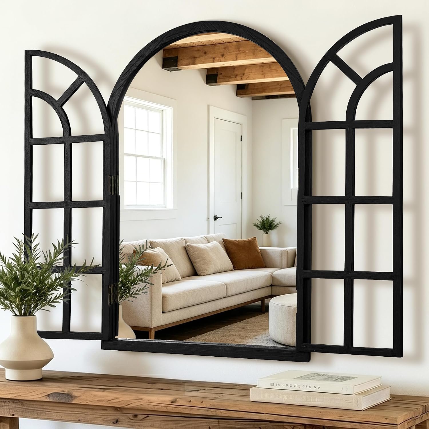 Arched Wood Mirror for Wall, 28″ x 40″ Rustic Farmhouse Mirror, Black