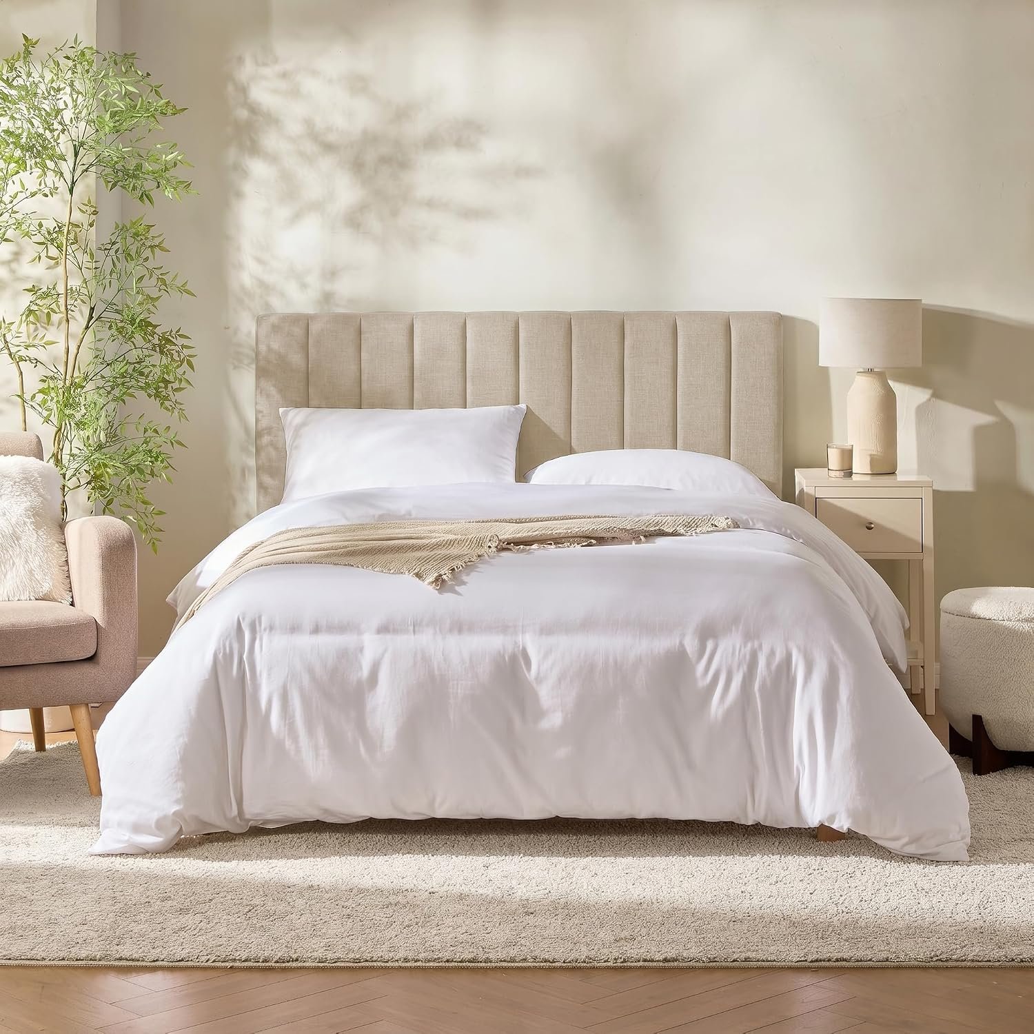 Nestl Upholstered Queen Headboard – Easy Assemble Channel Stitched Headboard Queen Size – Wall Mounted Headboards with 3D Soundproof Wall Panels Peel & Stick Floating Headboards, Beige