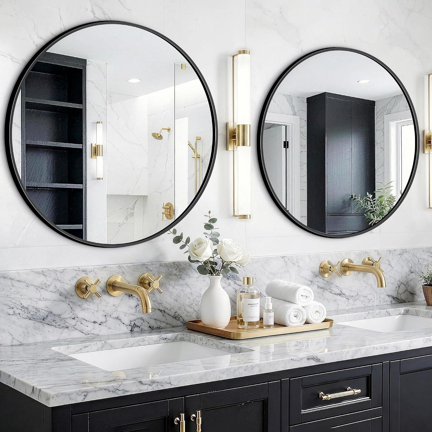 FGU Round Bathroom Mirror for Over Sink 2 Pack 26" Black Circle Wall Mirror