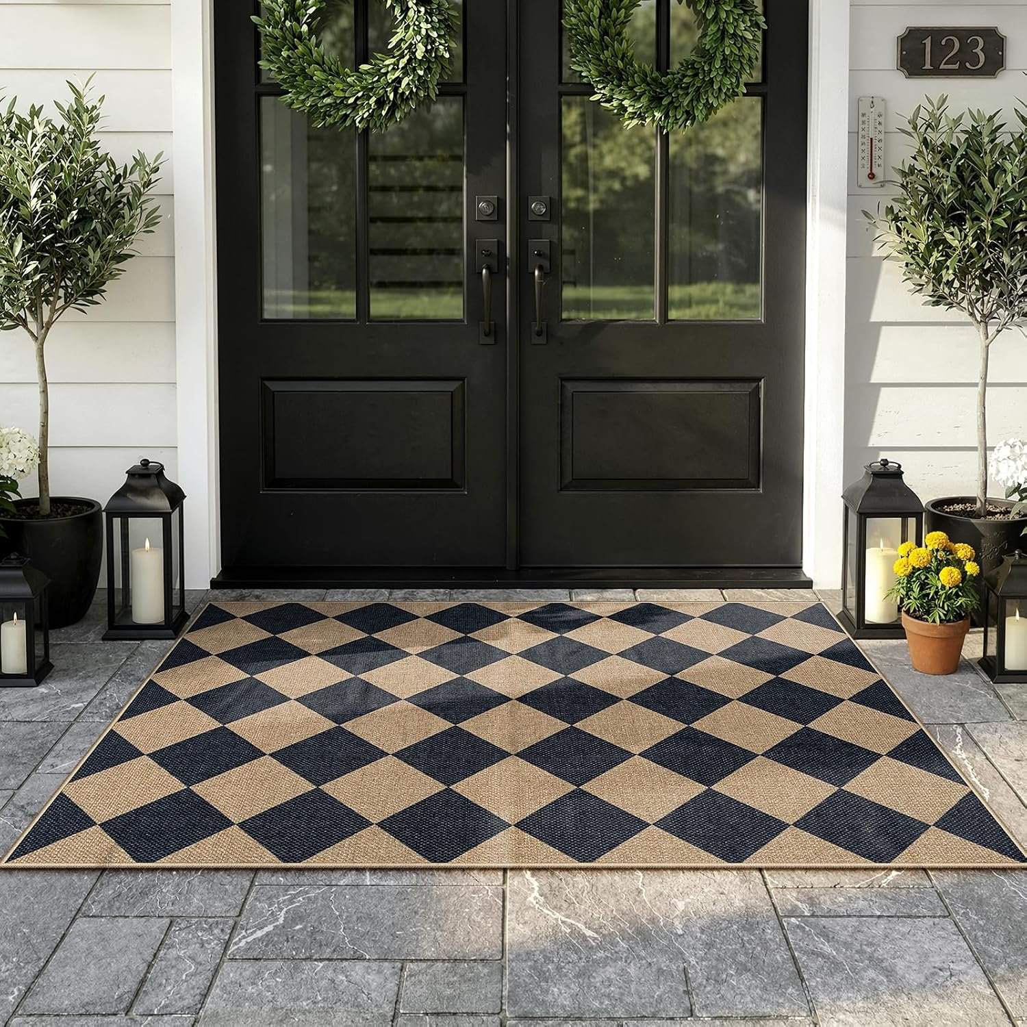 Lahome Checkered Easy Jute 3×5 Entryway Front Porch Rug, Black Diamond Indoor Outdoor Patio Layering Rug, Washable Farmhouse Neutral Non Slip Non Shedding Door Carpet for Backyard Blacony