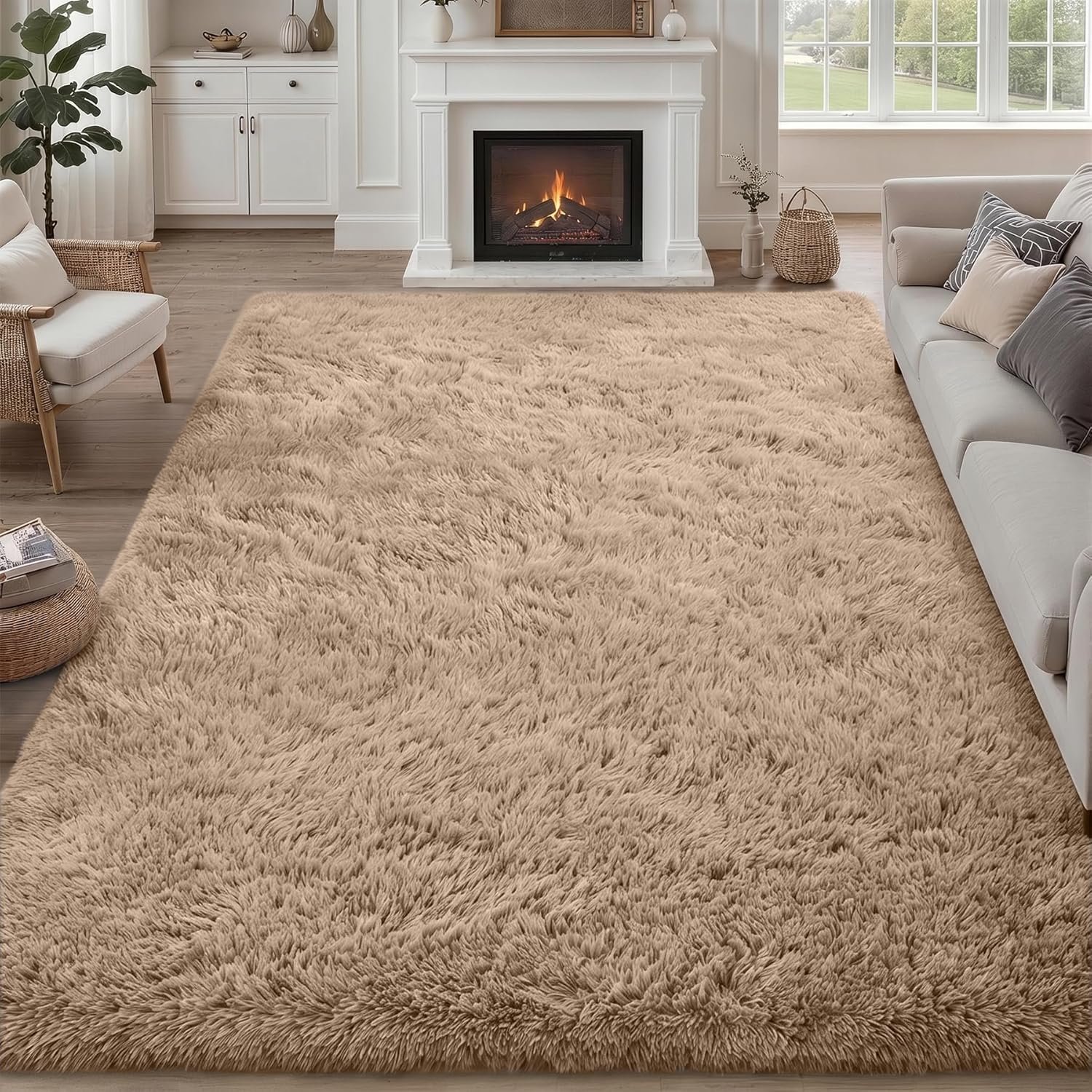8×10 Area Rug Living Room Bedroom: Fluffy Plush Shag Carpet Beige