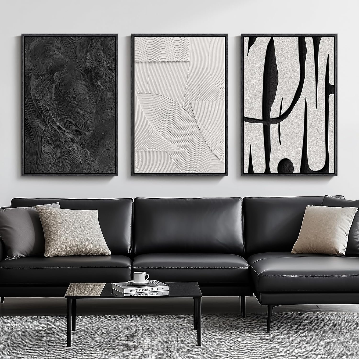Framed Black and White Abstract Wall Art for Living Room, 3 Piece 24×36 In